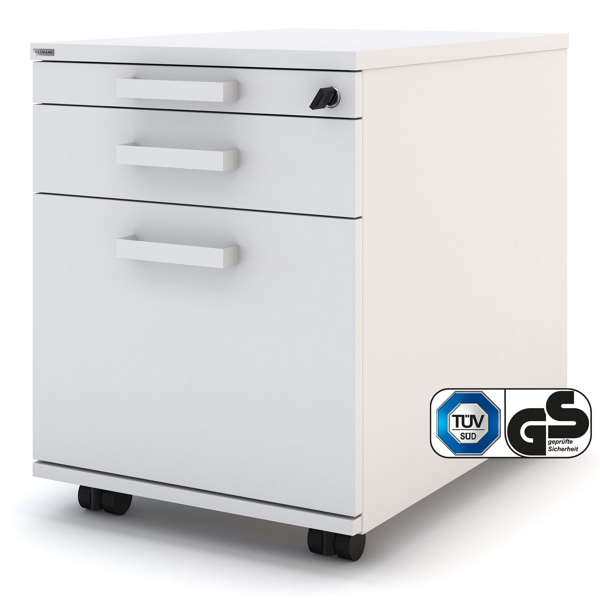 ASSMANN Büromöbel Rollcontainer, (Weiß Abschließbar 41x58x53cm, fertig montiert, für Büro und Homeoffice), TÜV-zertifiziert, Blauer Engel, FEMB Level 3