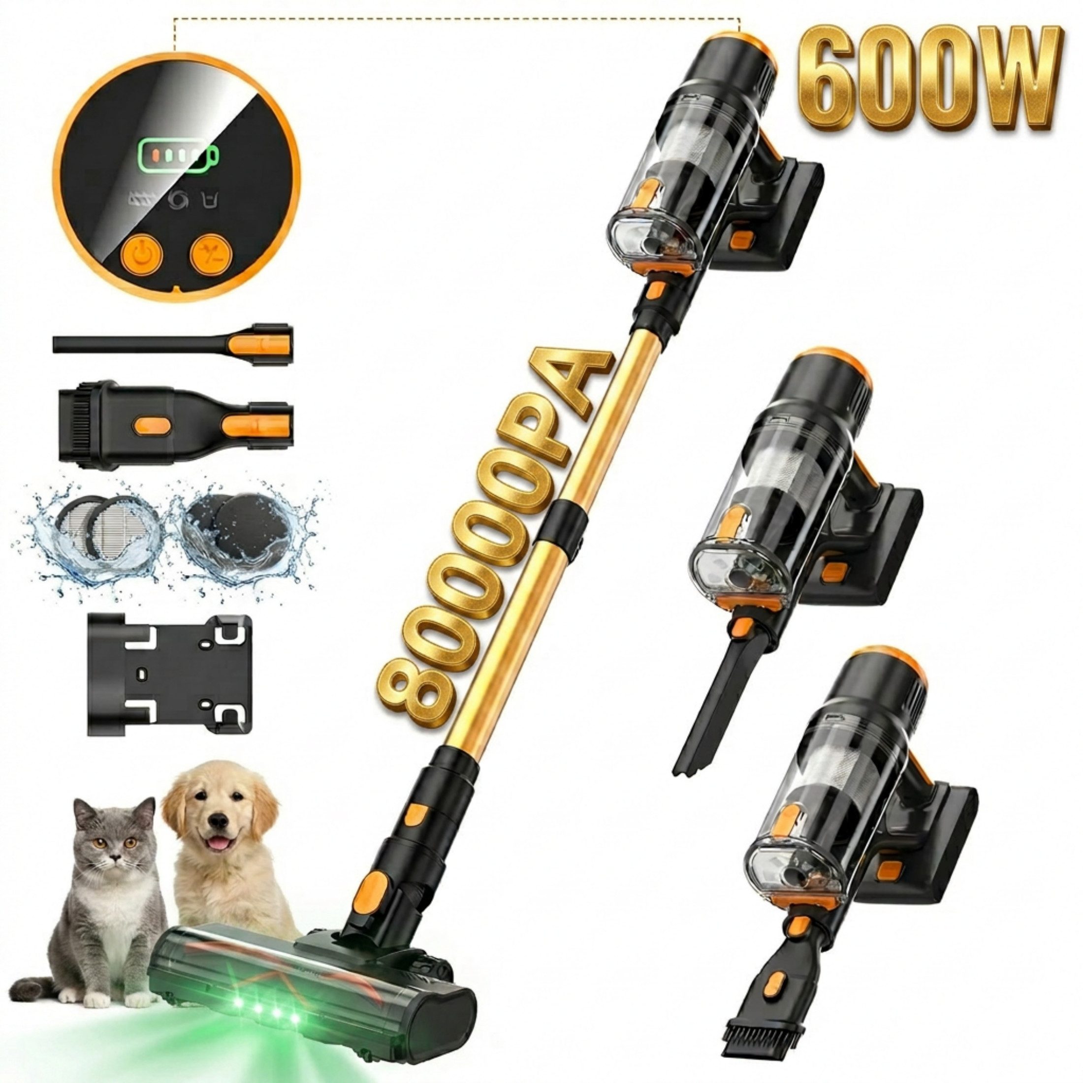 Blossom Akku-Hand-und Stielstaubsauger Akku Staubsauger 80000Pa/600W/65Min, 1,8L Staubsauger Kabellos, 50dB leise/6-Stufen-Filter/OLED Display,Ideal für Böden/Teppiche/Auto