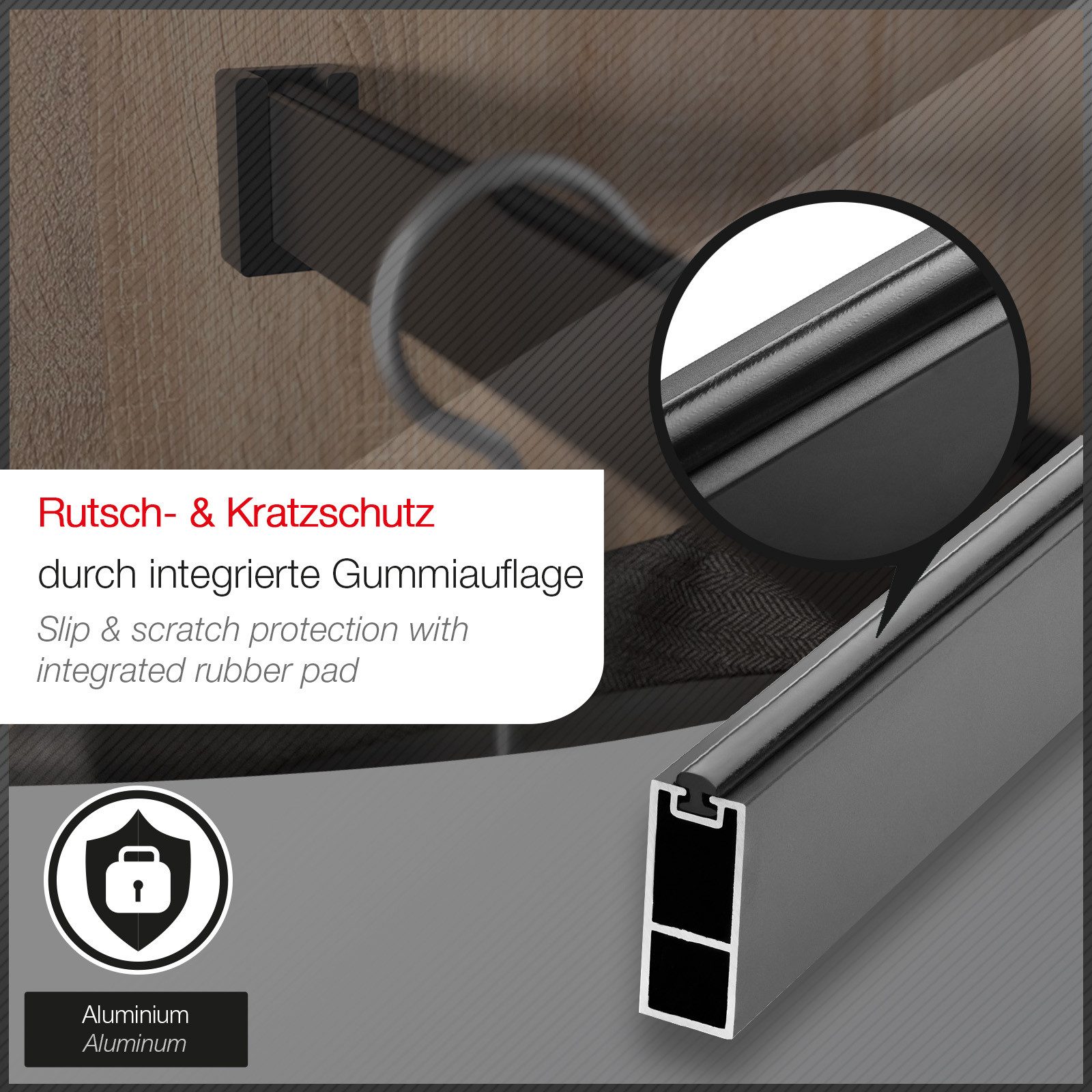 SO-TECH® Kleiderstange Schrankstange mit Gummiauflage und Schrankstangenlager (Spar-Set, 1 St), Kleiderstange schwarz matt eloxiert 1000 mm, 30 x 12 mm, Alu