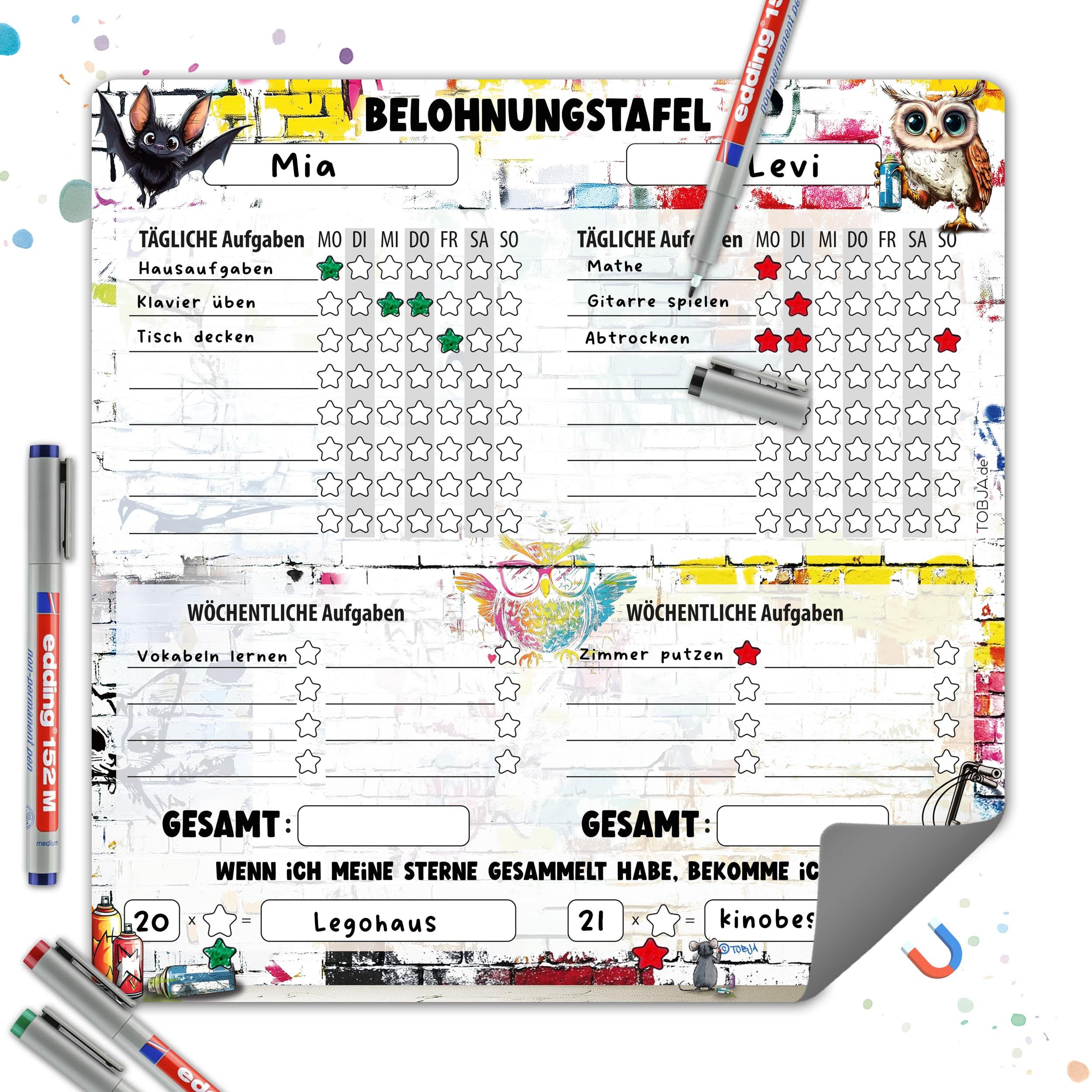 TOBJA Magnettafel Magnetische Belohnungstafel XL 2 Kinder Graffiti 4Stifte, Routine Planer Kinder 30x30 cm, abwischbar