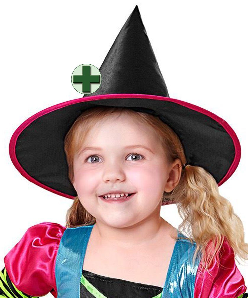 Karneval-Klamotten Hexen-Kostüm buntes Hexenkleid + Hexenhut Hexenkessel Kinder, Kinderkostüm Mädchenkostüm Halloween Kleid, Hut und Hexenkessel