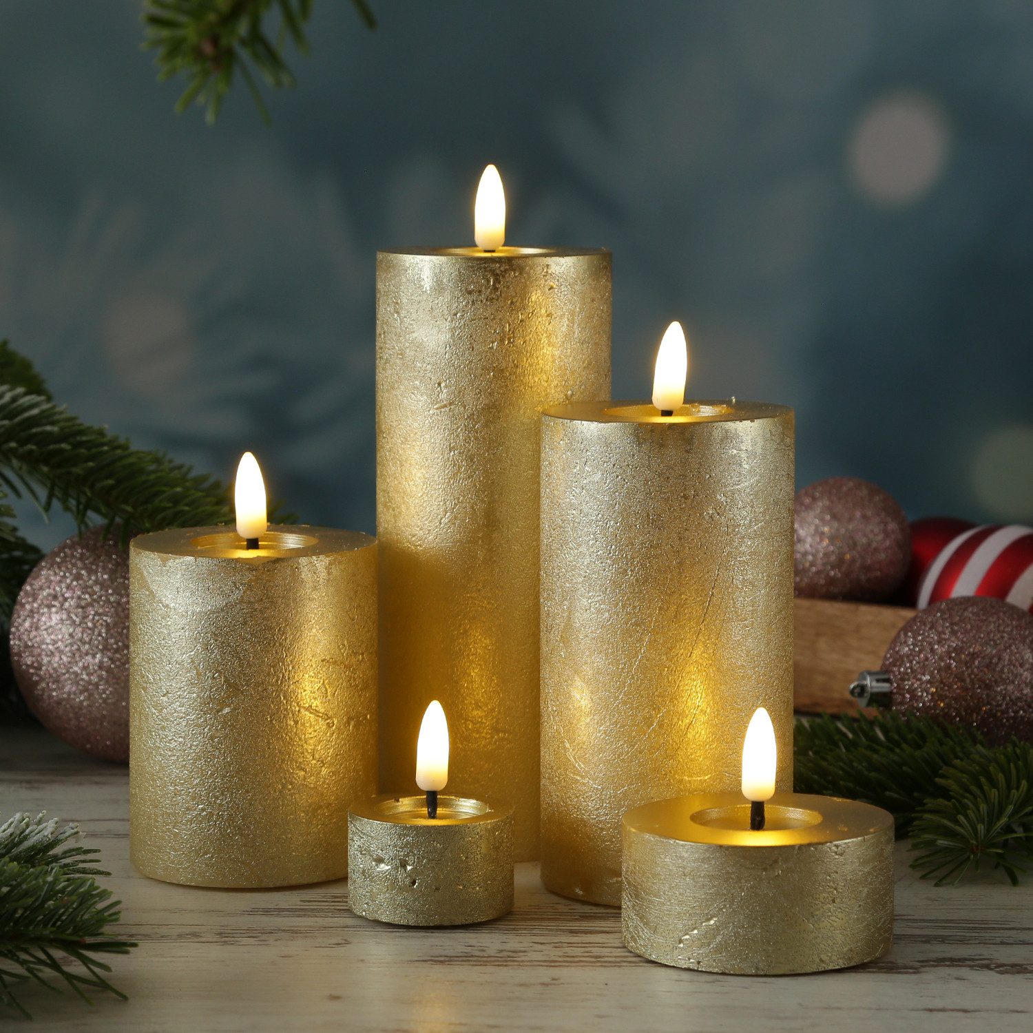MARELIDA LED-Kerze LINA Rustik Optik Echtwachskerze flackernd Timer H: 15cm D: 7cm gold, LED Classic, warmweiß (2100K bis 3000K)