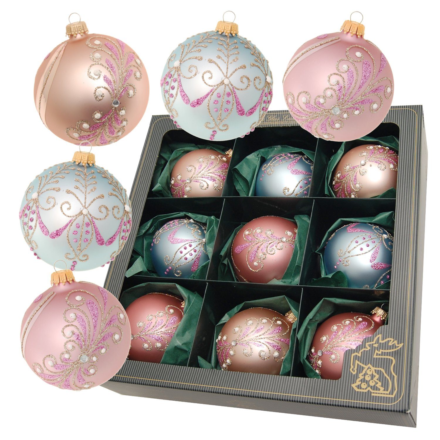 Christbaumschmuck Rosafarbig 8cm Glaskugelsortiment 9-fach, mundgeblasen, handbemalt