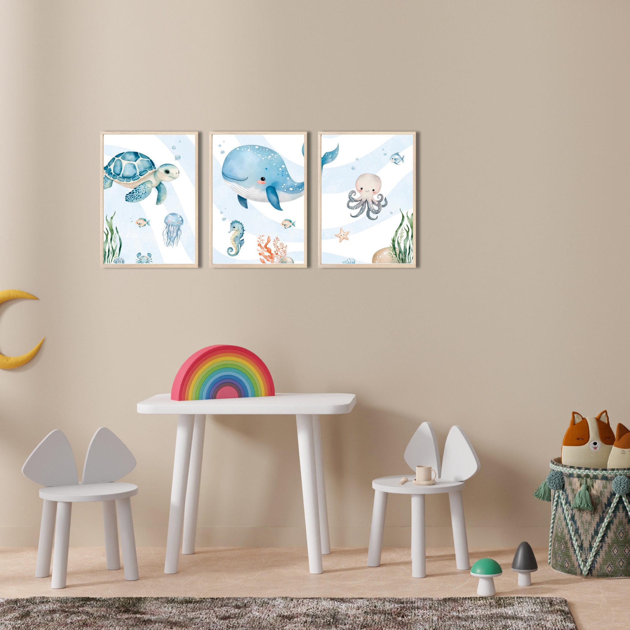 MeinBaby123® Poster Kinderzimmer Meerestiere, Kinderzimmer Deko, Kinderzimmer Bilder, Unterwasserwelt, süßer Wal, Schildkröte, Qualle – Bild 4 von 5