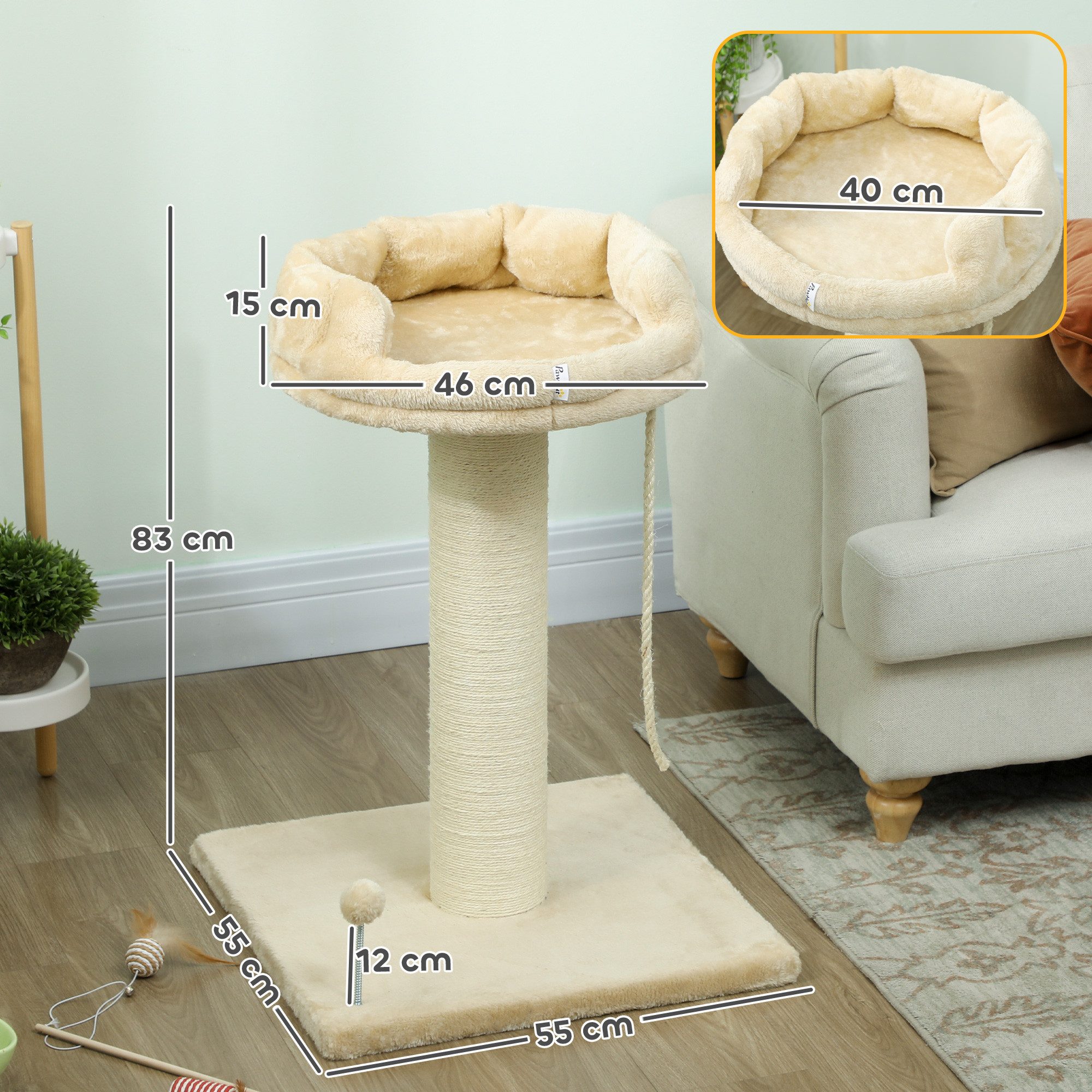 PawHut Kratzbaum klein, 85 cm Katzenbaum, Katzenkratzbaum mit Liegefläche, für Katzen unter 6 kg, Sisal, Beige