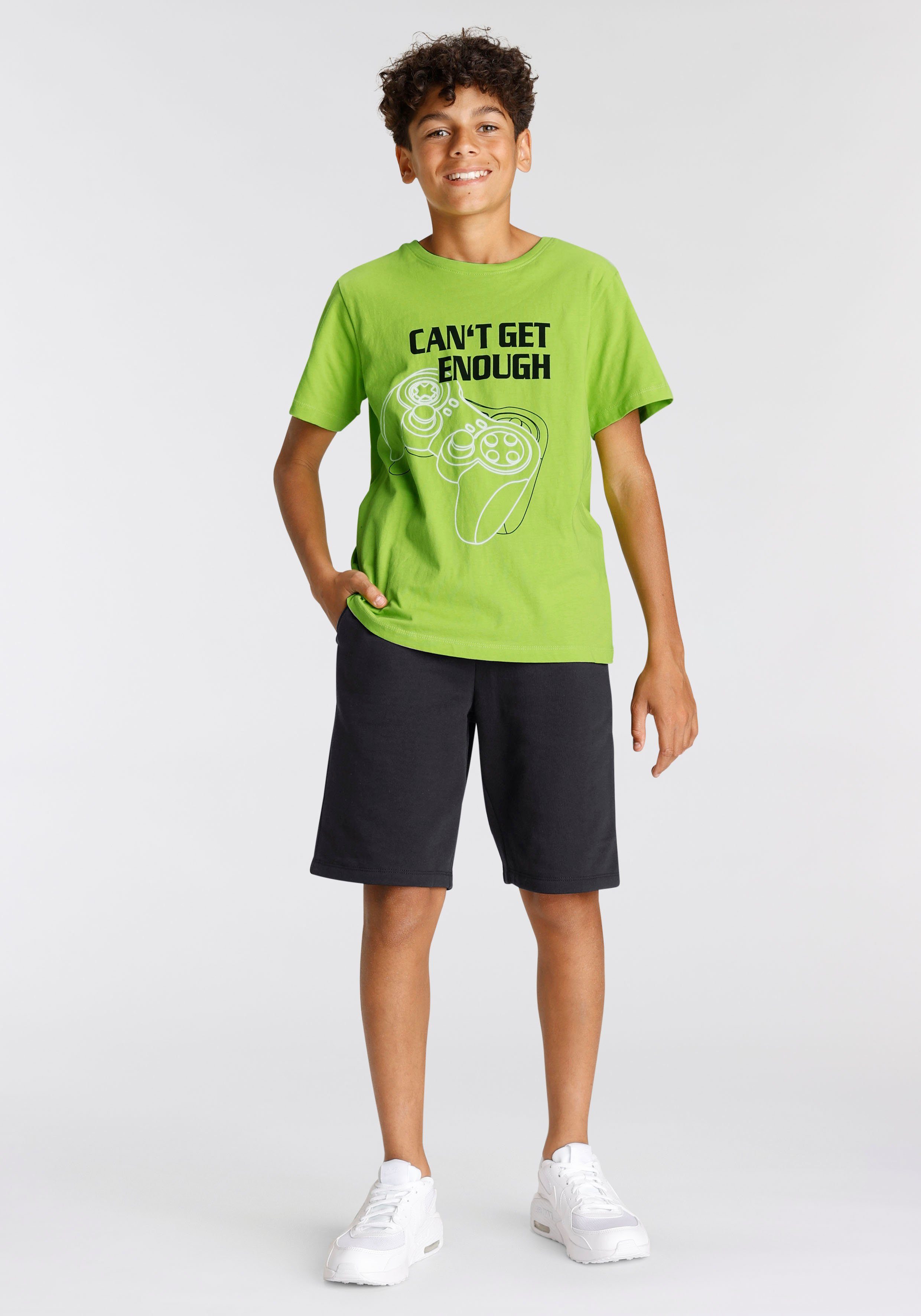 Spruch CAN´T 2-tlg) ENOUGH Bermudas GET KIDSWORLD & - (Set, Gamer-Print T-Shirt