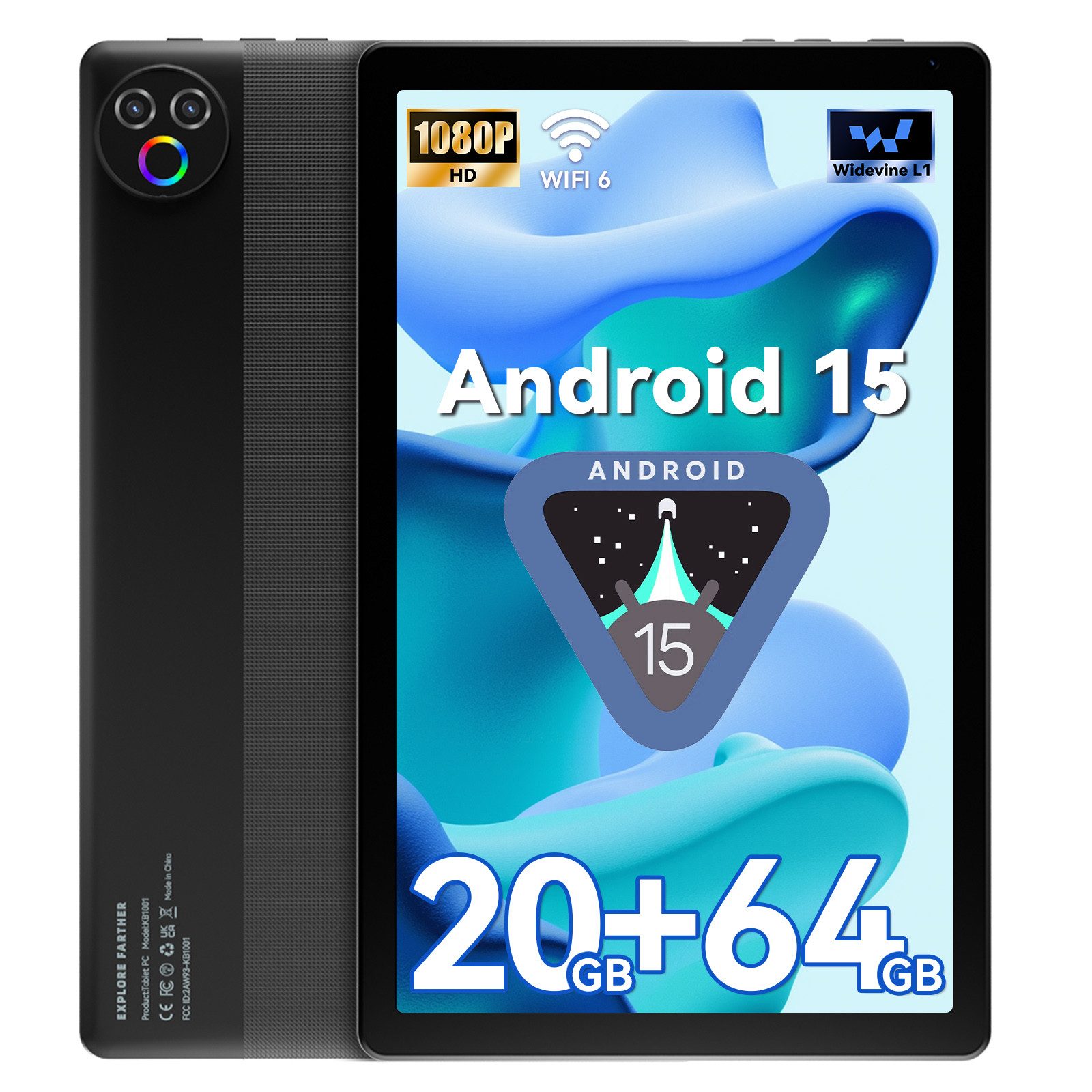 BUFO 10,1 Zoll Android 15 mit 20GB RAM 64GB bis zu 1TB Speicher Dual-Kamera Tablet (10,1", 64 GB, Langer Akkulaufzeit, Split-Screen & kraftvolle Stereo-Lautsprecher)