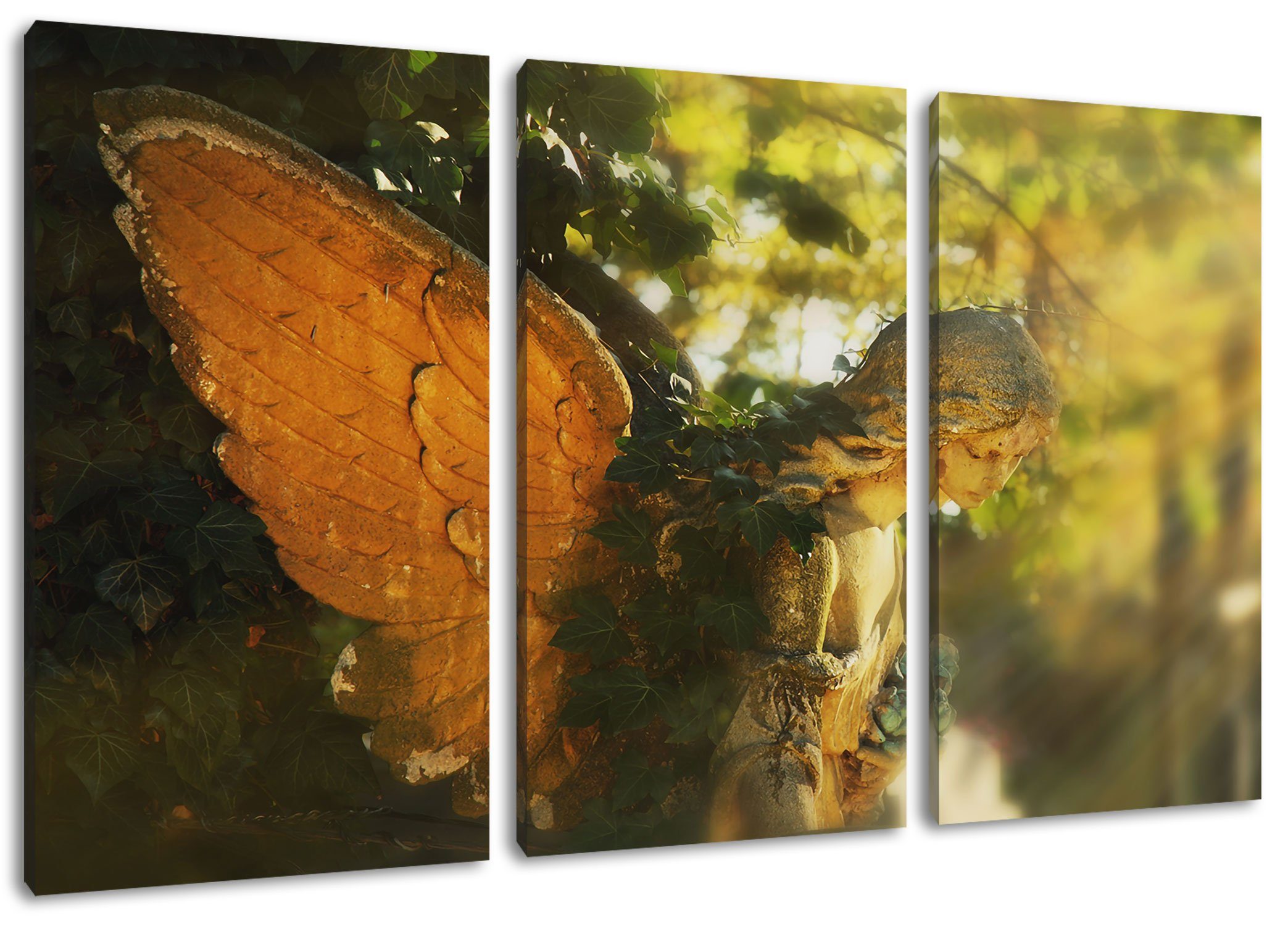 Pixxprint Leinwandbild (120x80cm) Leinwandbild bespannt, 3Teiler inkl. Sonnenlicht, im Goldenen Engel Zackenaufhänger St), im (1 Goldenen fertig Sonnenlicht Engel