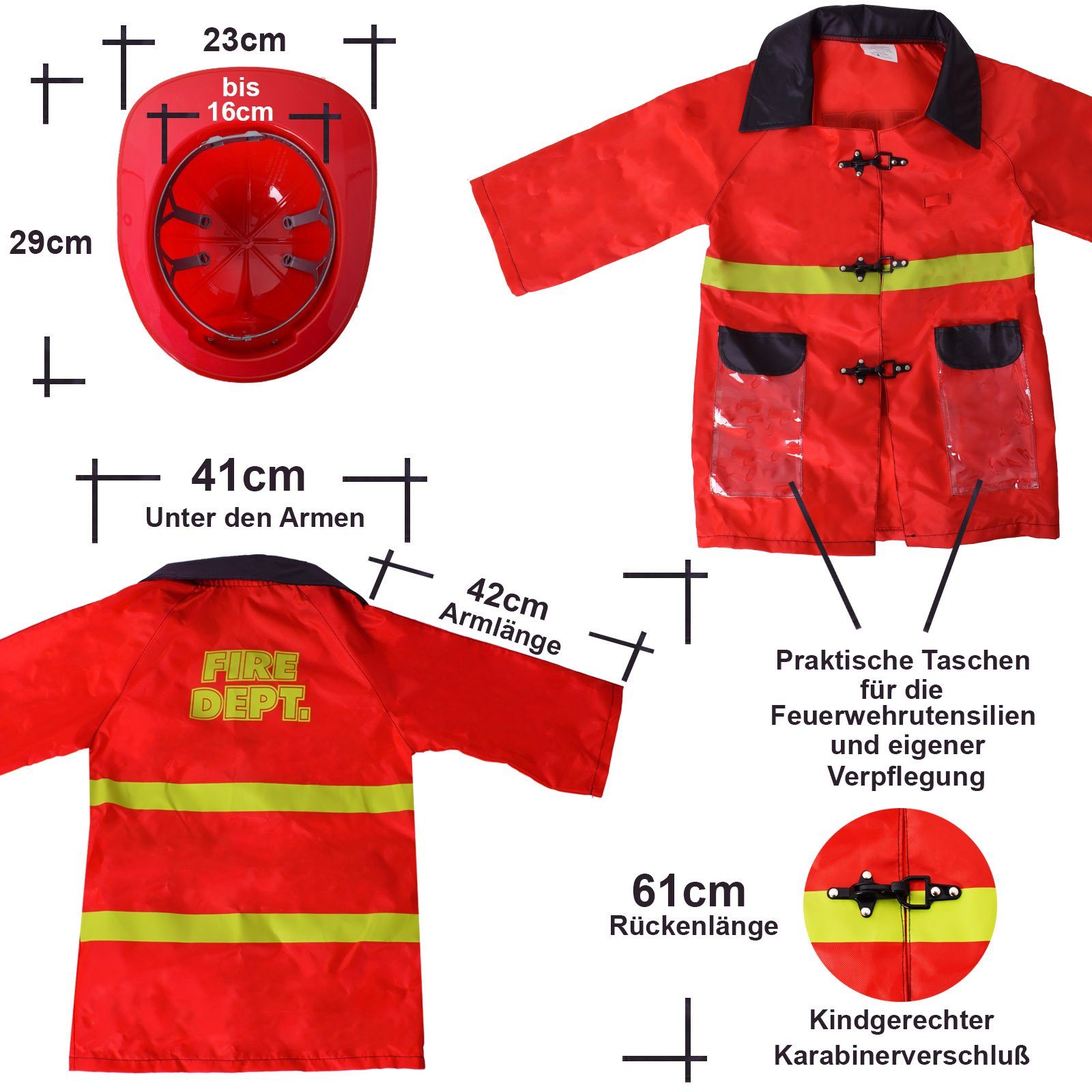 TE-Trend Kostüm Feuerwehr Verkleidung mit Jacke, Helm und Zubehör rot