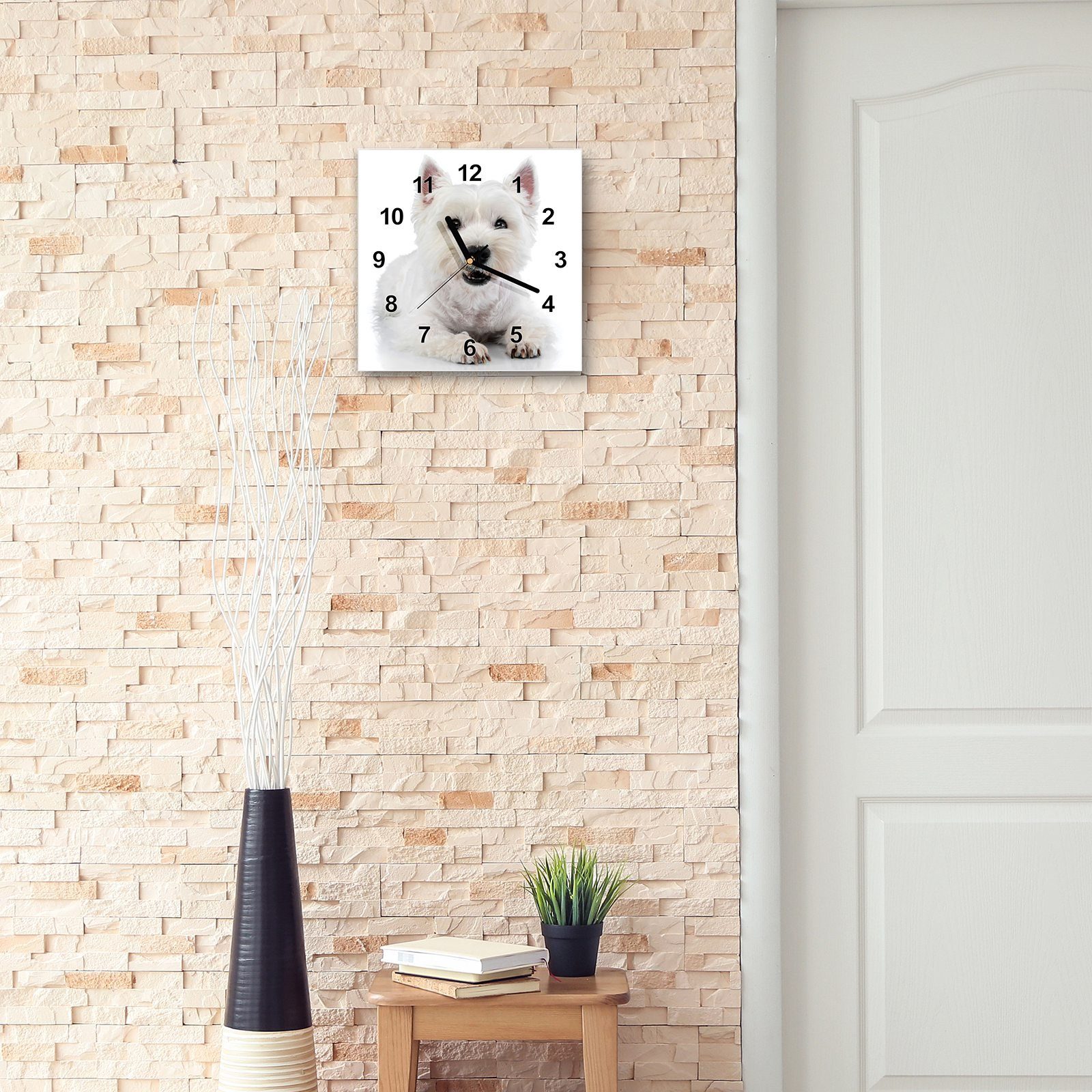 30 30 Wanduhr x Wandkunst Größe Wanduhr Glasuhr Primedeco Motiv cm mit liegend Terrier