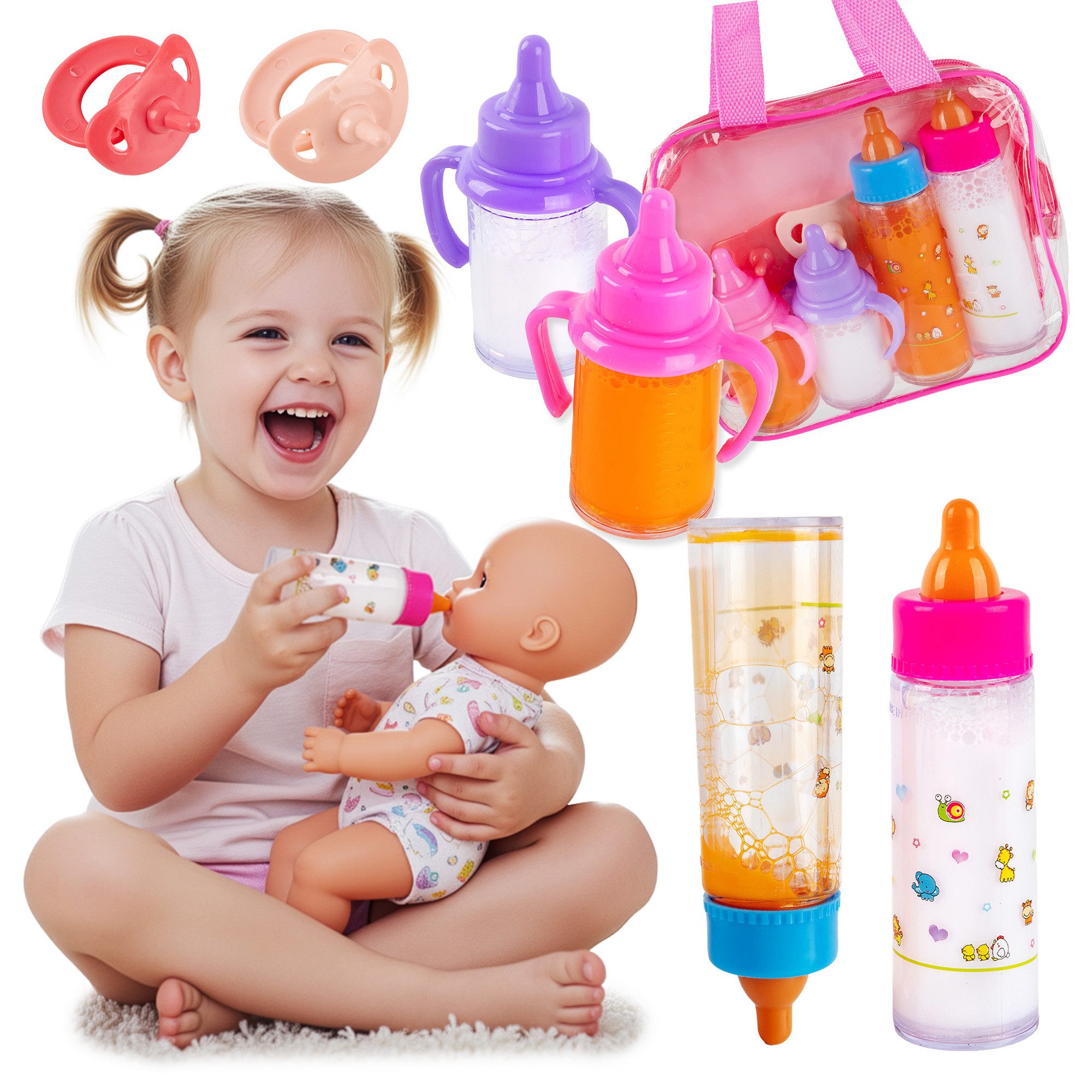 Kinderplay Dolls & Strollers Puppen Accessoires-Set Magische Puppenflaschen Set – realistisches Rollenspiel – mit Tasche, (Set)