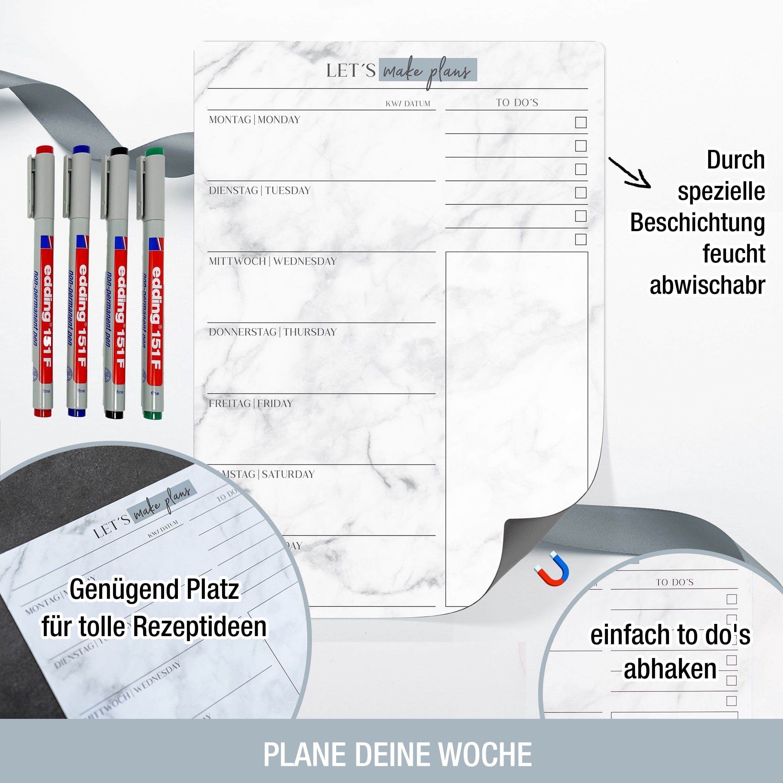 TOBJA Magnettafel Magnetischer Menüplaner A4 inkl. 4 edding Stifte, Wochenplaner Magnet abwischbar Essensplaner – Bild 3 von 5