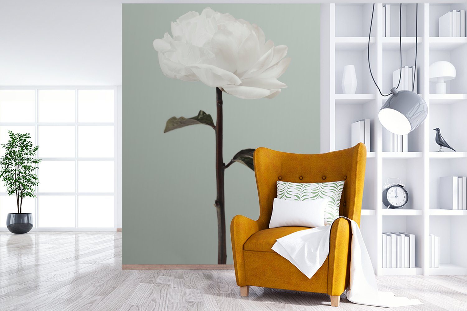 St), Montagefertig Stilleben, Wohnzimmer, Tapete MuchoWow (4 - Blumen - für Matt, bedruckt, Grün - Rose Wandtapete - Vinyl Fototapete Weiß