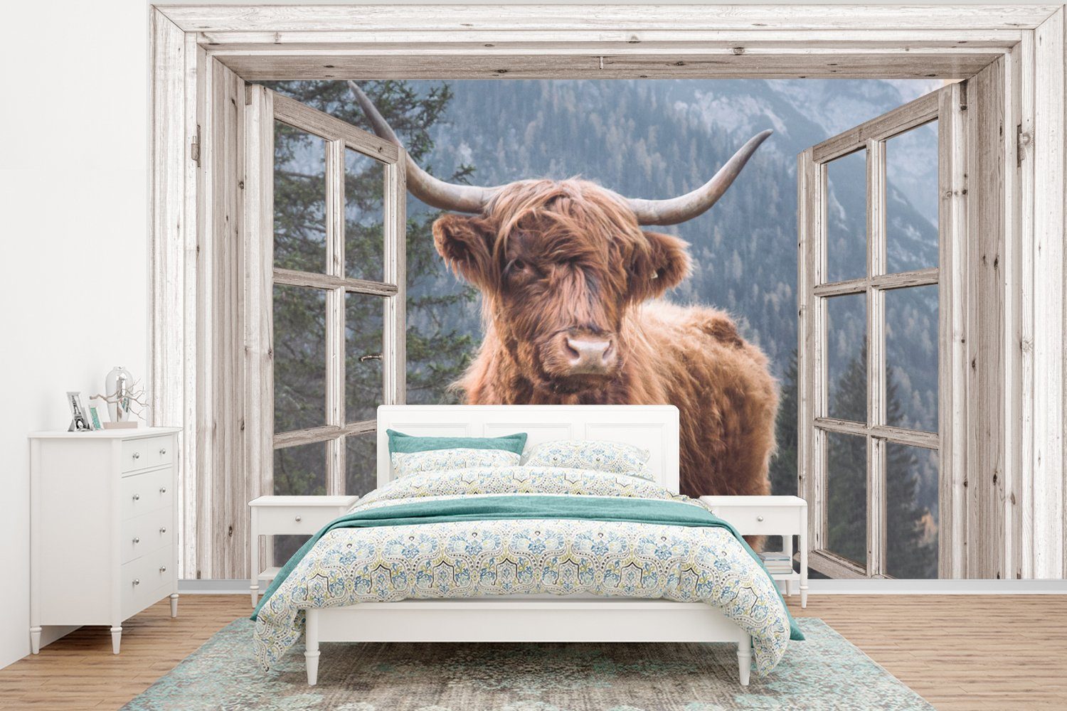 MuchoWow Fototapete Schottischer Highlander - Berg - Kuh - Aussicht, Matt, bedruckt, (6 St), Wallpaper für Wohnzimmer, Schlafzimmer, Kinderzimmer, Vinyl Tapete