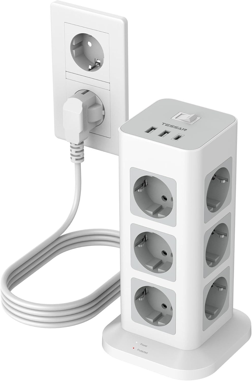 TESSAN 12 Fach Mehrfachsteckdose 3 USB Steckdosenleiste Kabel 2m Mehrfachsteckdose 12-fach (USB-Anschlüsse, Ein- / Ausschalter, Kabellänge 2 m)