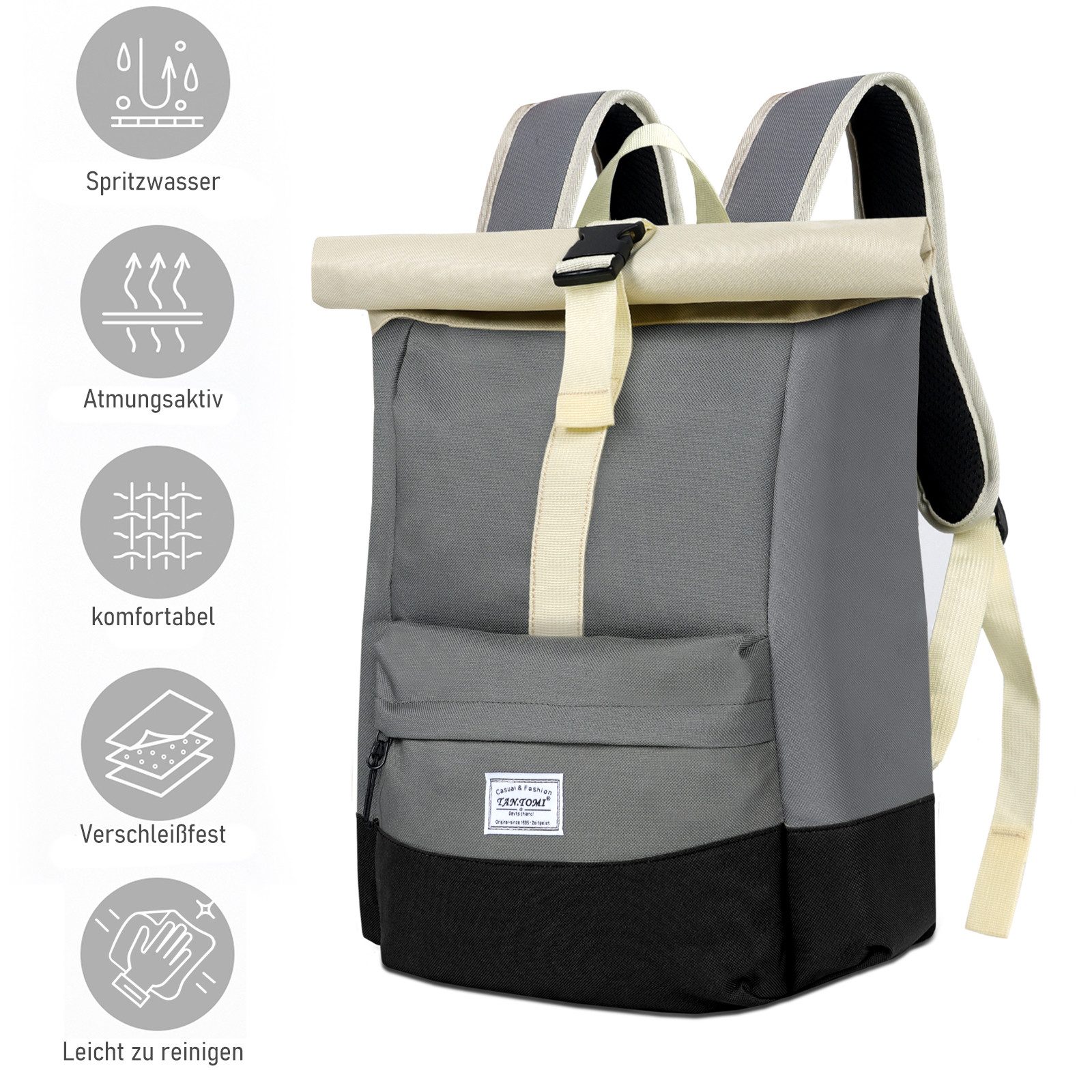 TAN.TOMI Cityrucksack Rolltop Rucksack Damen Herren Tagesrucksack mit Laptopfach, Modern Rolltop Rucksack Daypack, Wasserabweisend – Bild 4 von 5
