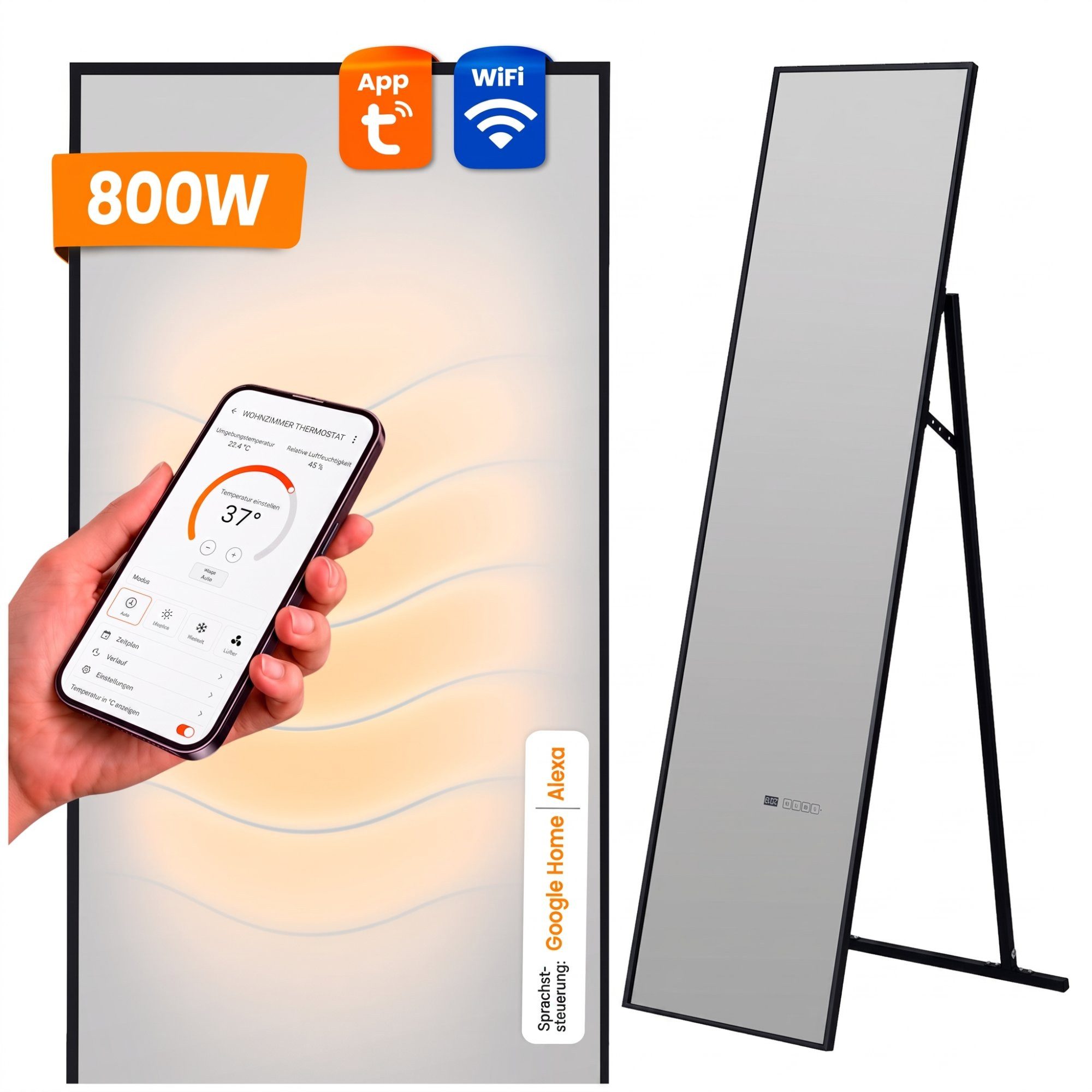Dalsys Infrarotheizung Spiegelheizung 160x40cm 800W mit schwarzem Rahmen, Spiegel mit WLAN- und App-Funktion - freistehend oder zur Wandmontage
