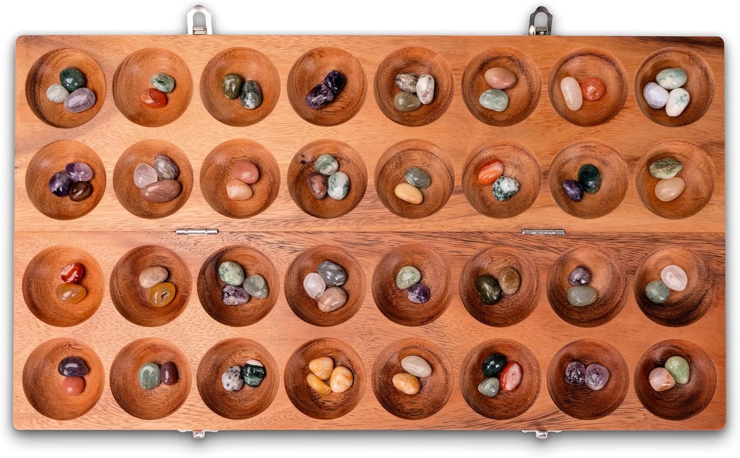 LOGOPLAY Spiel Hus Samena mit Metallverschlüssen Silber, Gesellschaftsspiel, Hus Spiel mit Metallverschlüssen Silber für 2 Spieler Bao Kalaha mit