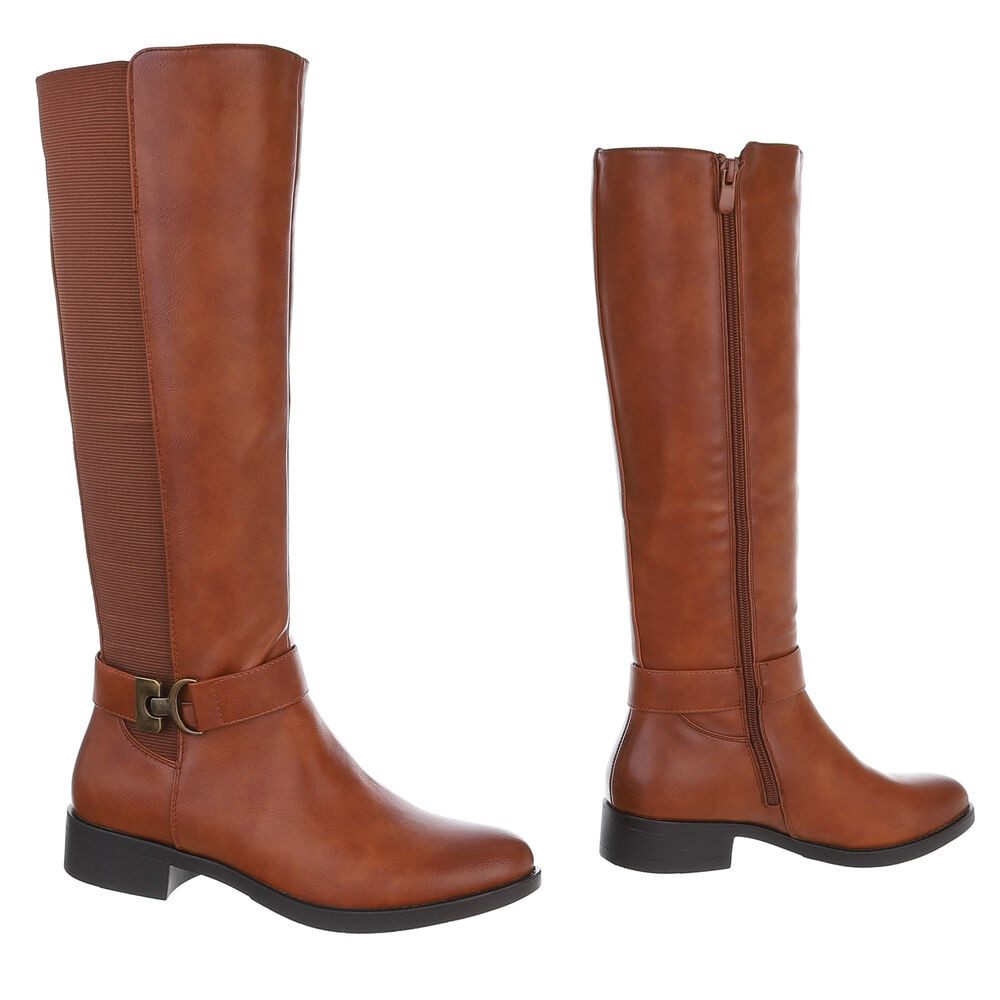 Ital-Design Elegante Stiefel mit Riemen für Damen – Herbst-/Wintersaison Stiefel (90110001) Blockabsatz Flache Stiefel in Camel