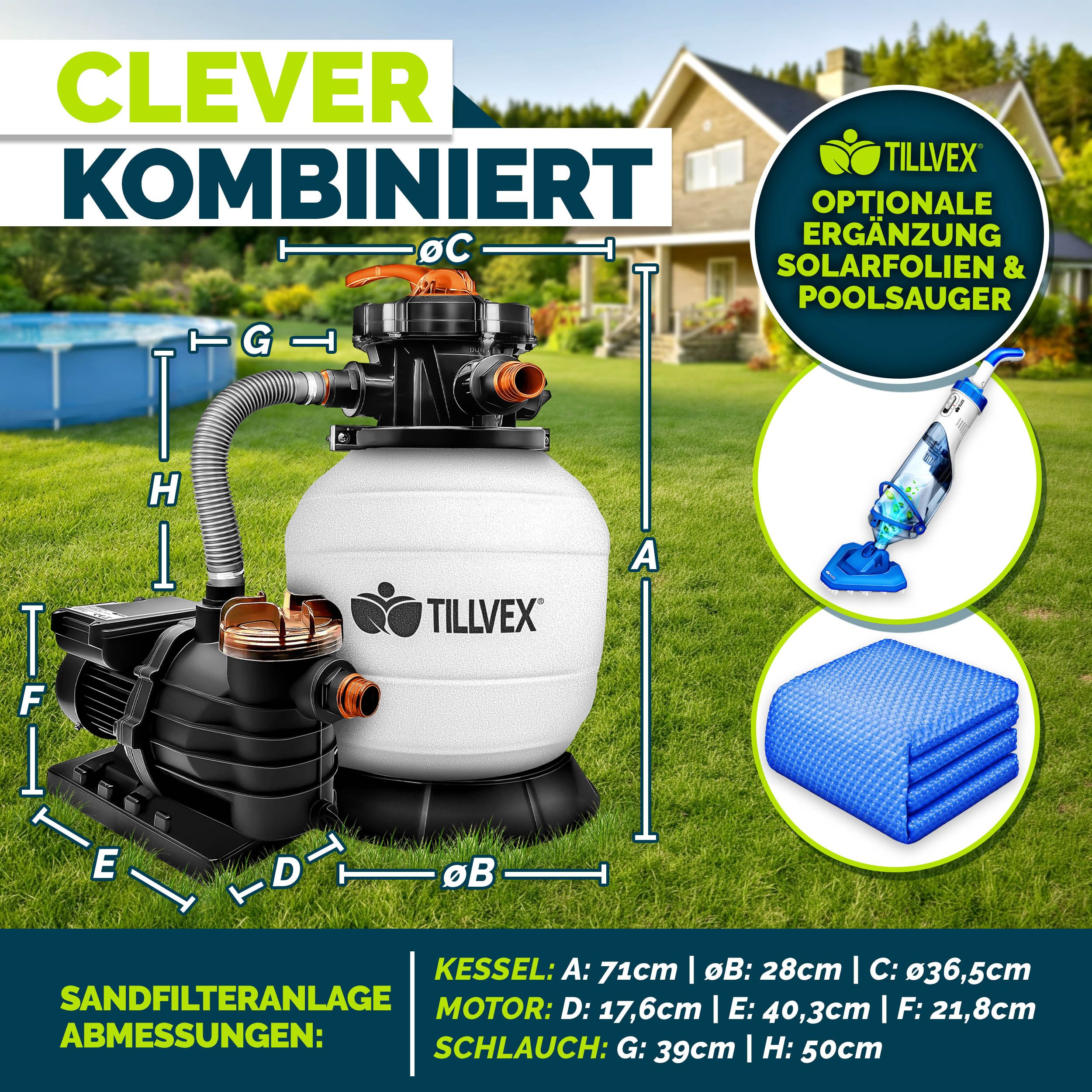tillvex Sandfilteranlage tillvex Sandfilteranlage 13.200L/h mit 1200g Filterbällen + Pumpe (Poolfilter Selbstansaugend Sandfilter Schwimmbecken, Filteranlage 7-Wege Ventil & 2in1 Adapter Ø32-38mm), Pool 13.200L/h bis 40.000L + 1200g Filterbälle
