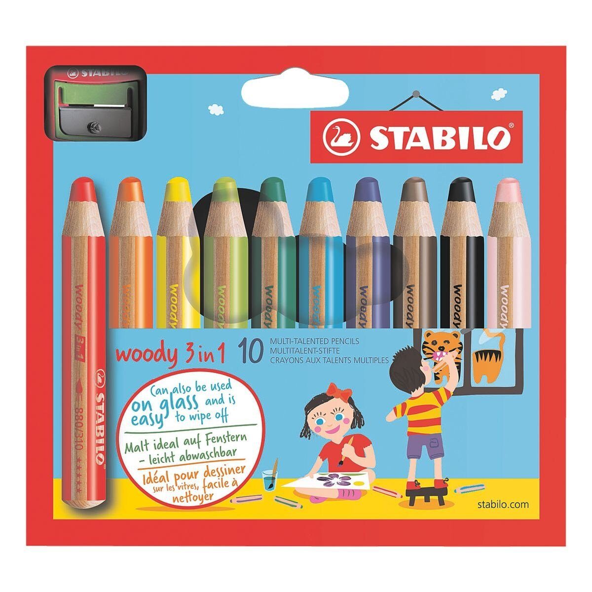 STABILO Buntstift STABILO woody 3 in 1 - Buntstifte 10er Pack mit Spitzer  Wasserfarbe &, Buntstift, Wassermalfarbe und Wchsmalkreide in einem Stift