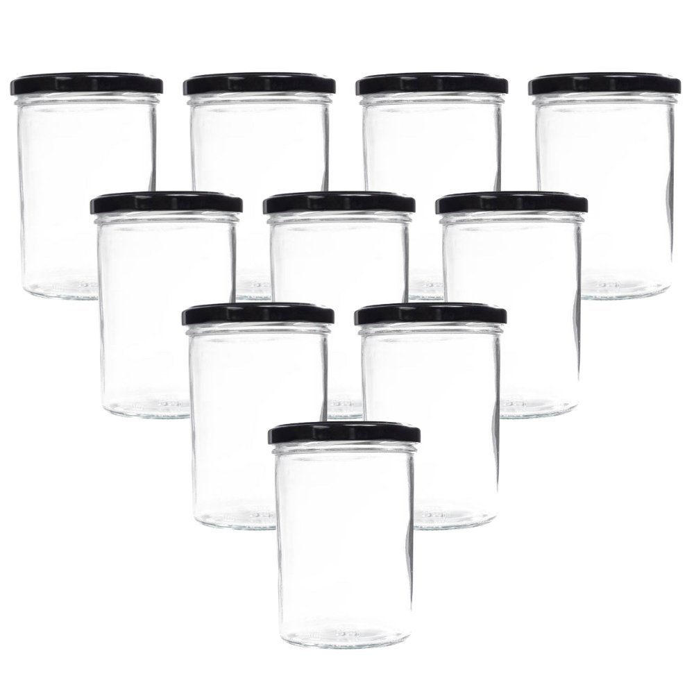 mikken Einmachglas 10x Einmachglas 435 ml mit Deckel und Beschriftungsetiketten, (10er Set mit Etiketten), verschiedene Deckelfarben