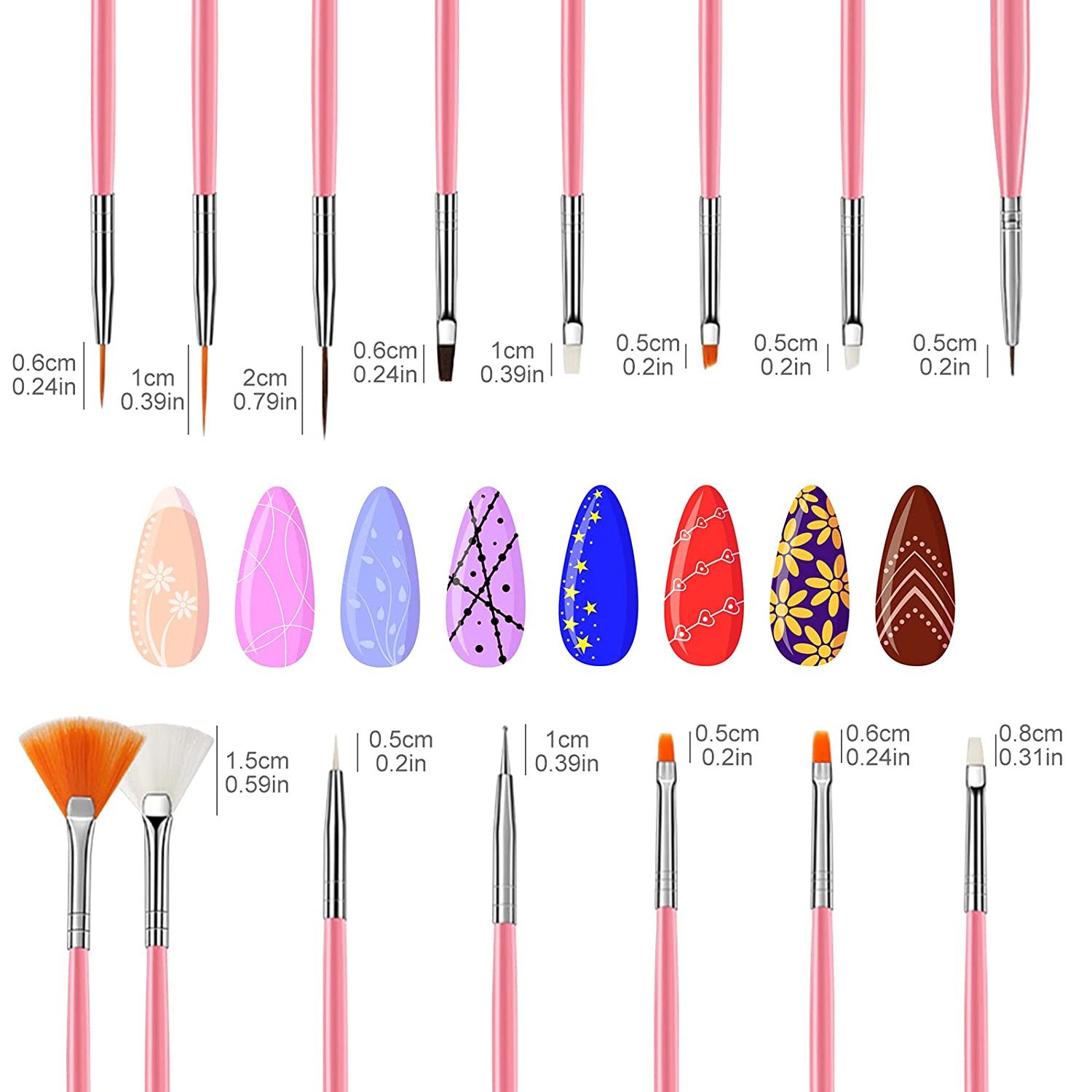 KINSI Kosmetikpinsel-Set 15 Nagelbürsten-Werkzeug-Set, Nagelbürsten-Set für UV-Kleber, 15 tlg., Multifunktional Acryl Nagel Kunst Pinsel, Painting Salon and DIY