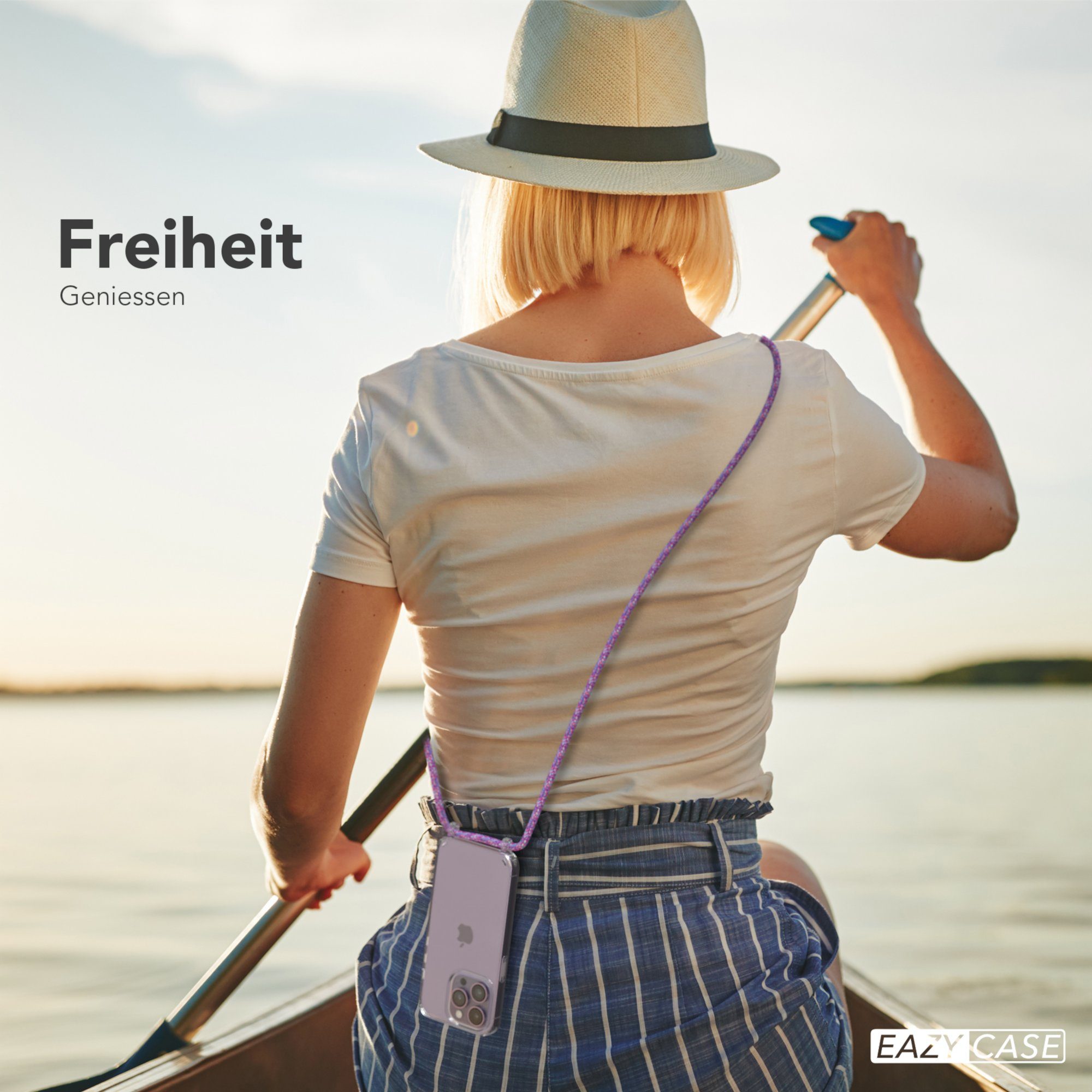 EAZY CASE Handykette Hülle mit Kette für Apple iPhone 14 Pro 6,1 Zoll, Umhängetasche für Handy Silikonhülle Handyhülle durchsichtig Violett