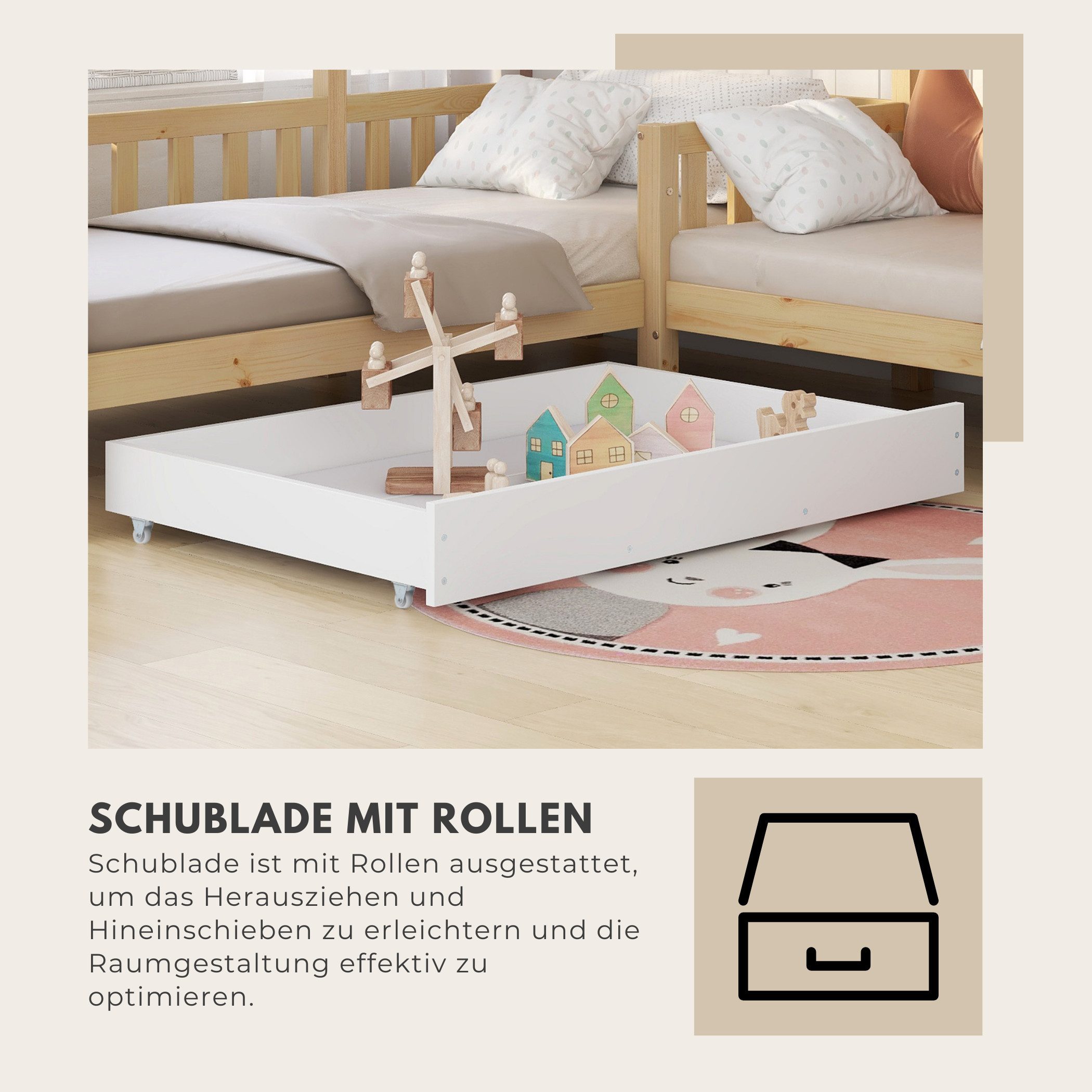 SeedWave Hausbett Kinderbett mit Schubladen und Regalen,Zwei Betten(200x90cm/140x70cm), Dachkonstruktion,Eck-L-förmiges Bett Design,Massivholzrahmen – Bild 3 von 5