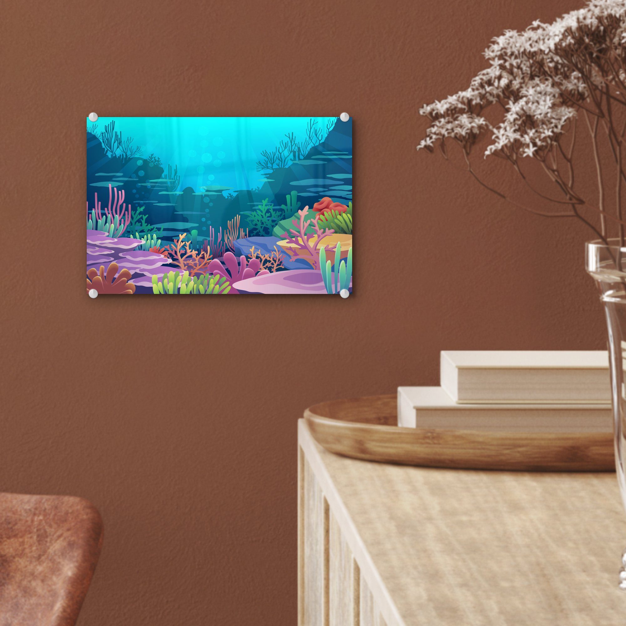Meer Korallen - Foto (1 - auf Illustration, Glas Unterwasserwelt Wandbild Wanddekoration auf Glas - Acrylglasbild - - Glasbilder St), MuchoWow - Bilder