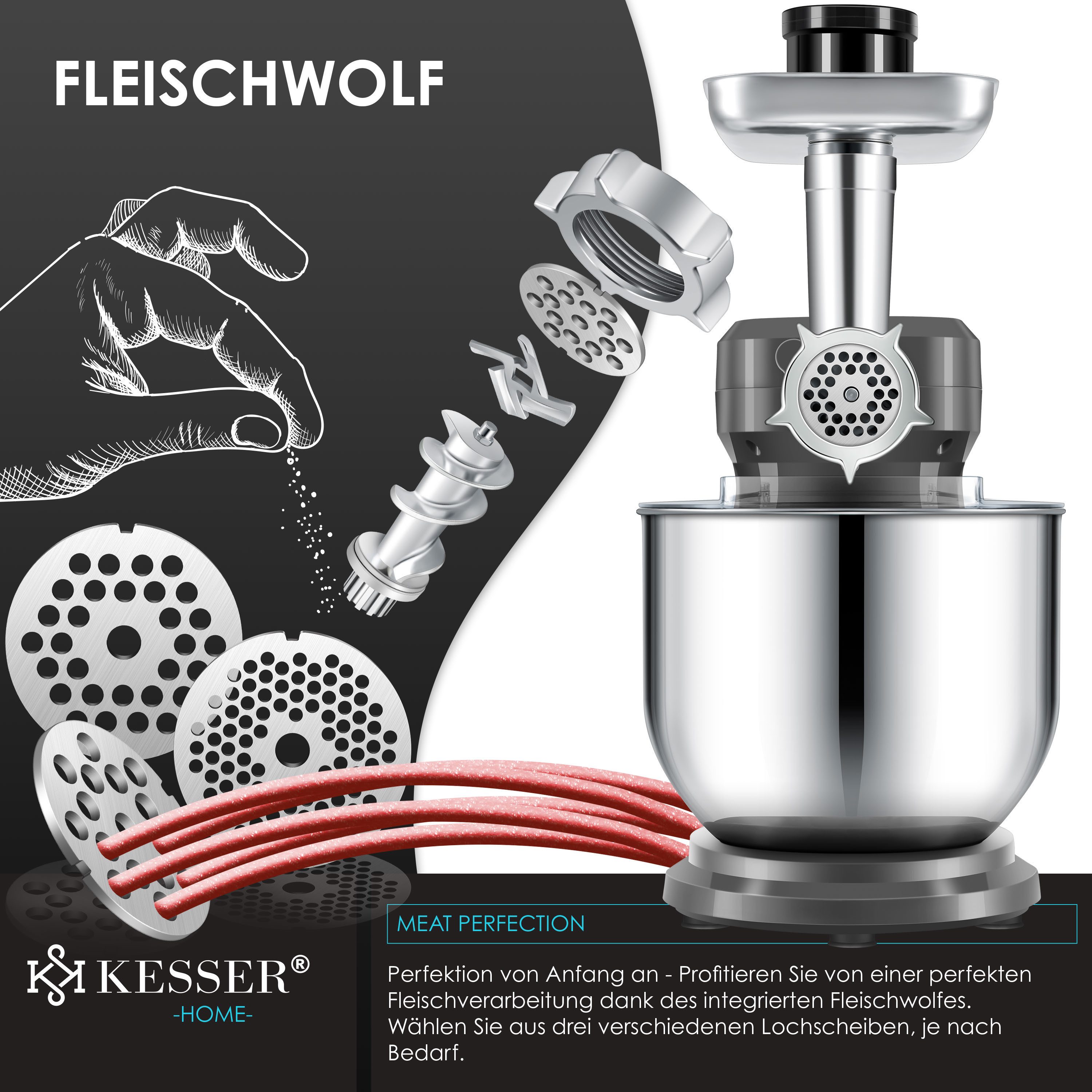 KESSER Küchenmaschine, Universal Küchenmaschine K-KM 3000 mit Fleischwolf Knetmaschine 5,5L