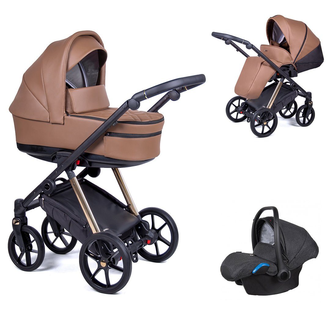babies-on-wheels Kombi-Kinderwagen 3 in 1 Kinderwagen-Set Axxis Premium - 15 Teile - in 12 Designs Braun = Gestell gold
