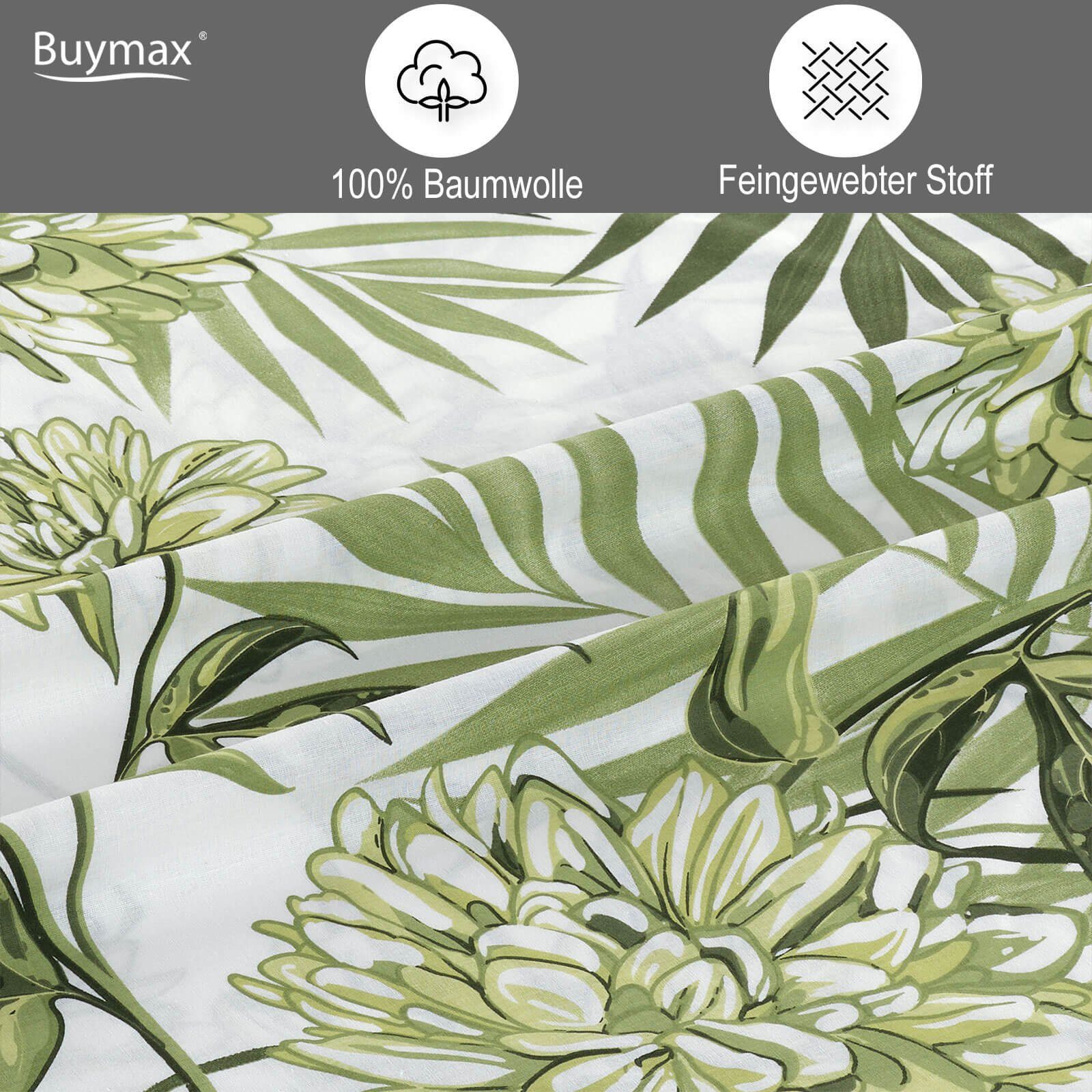 Buymax Bettwäsche Amazing Green, Renforcé: 100% Baumwolle, 2 teilig, 135x200 cm, Bettbezug-Set, mit Reißverschluss, Blumen Eukalyptus Grün