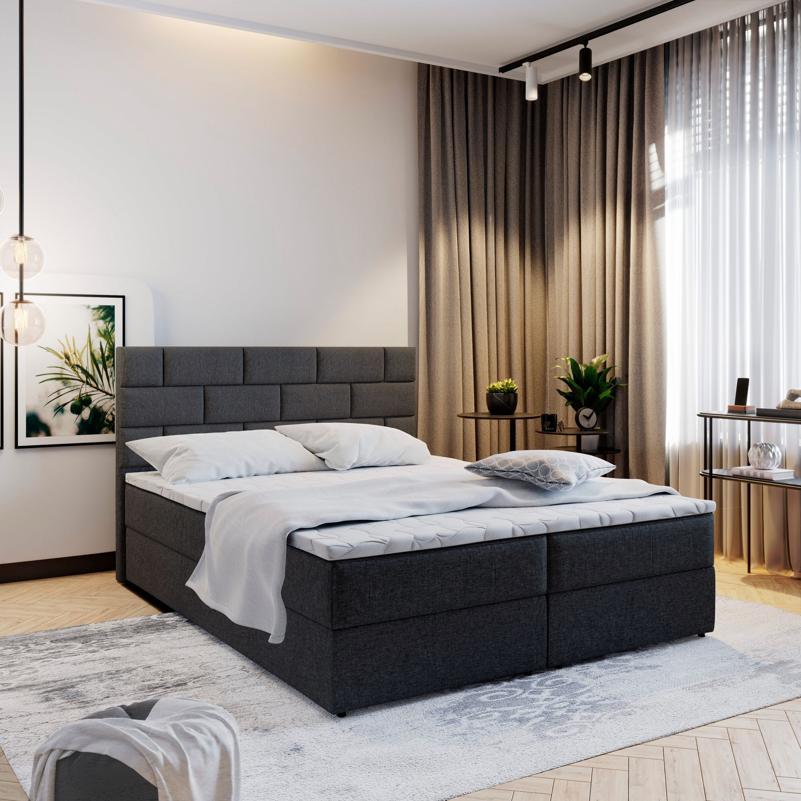 Masseno Boxbett KERLO 160x200 cm mit Bonell Matratze und Topper, Doppelbett, Polsterbett mit Kopfteil, Boxspringbett