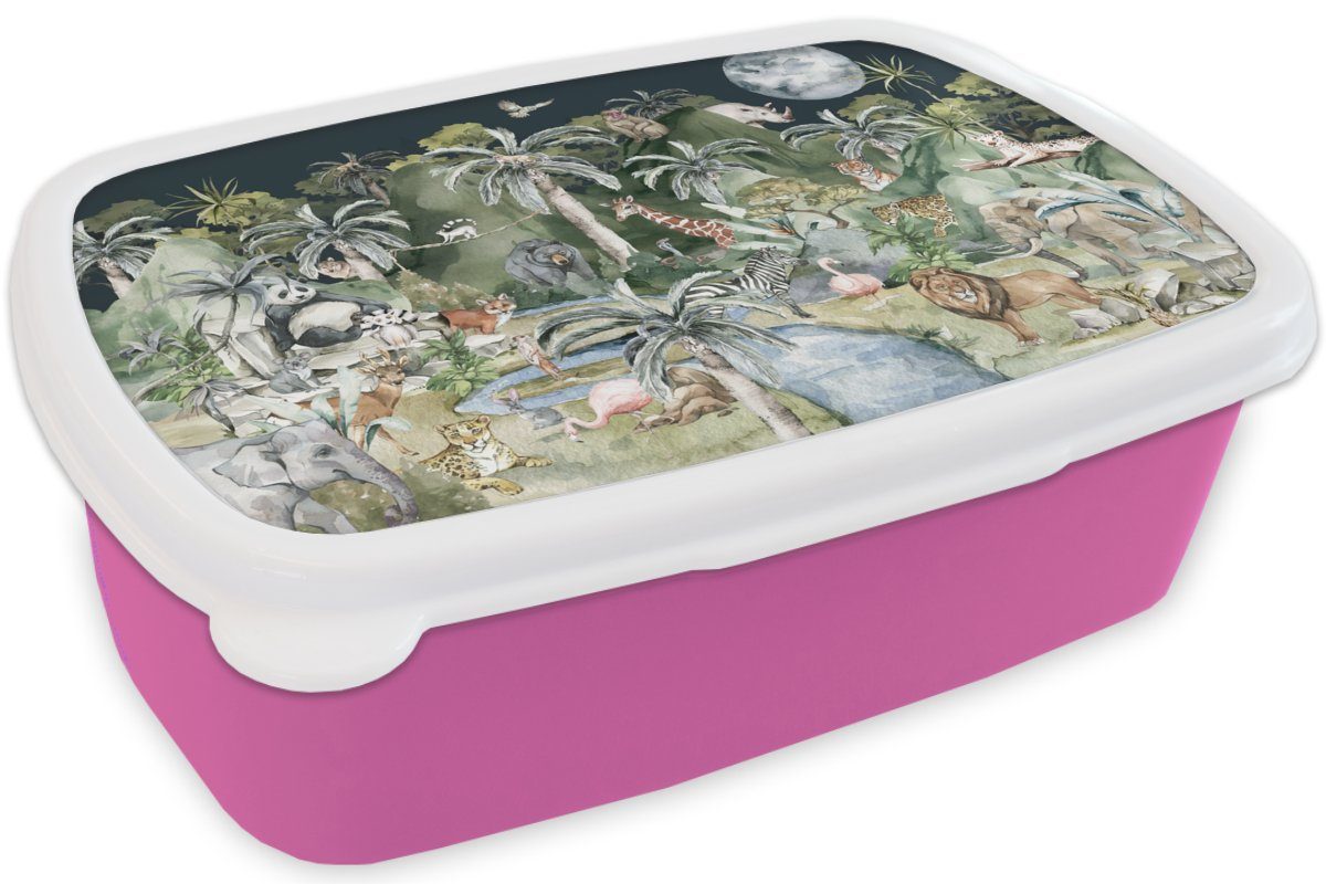 MuchoWow Lunchbox - Pflanzen, (2-tlg), Natur Kunststoff - Mädchen, Dschungel Erwachsene, Tiere - Snackbox, Kinder Kunststoff, rosa Brotdose - Kinder, Brotbox für