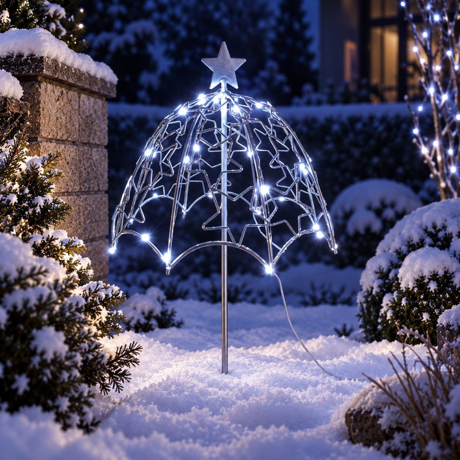 Online-Fuchs Gartenstecker Sternenschirm mit LED-Lichterkette & Timer - Weihnachtsdeko Outdoor (in Gold oder Silber, mit Erdspieß) praktische 6-Stunden Timerfunktion
