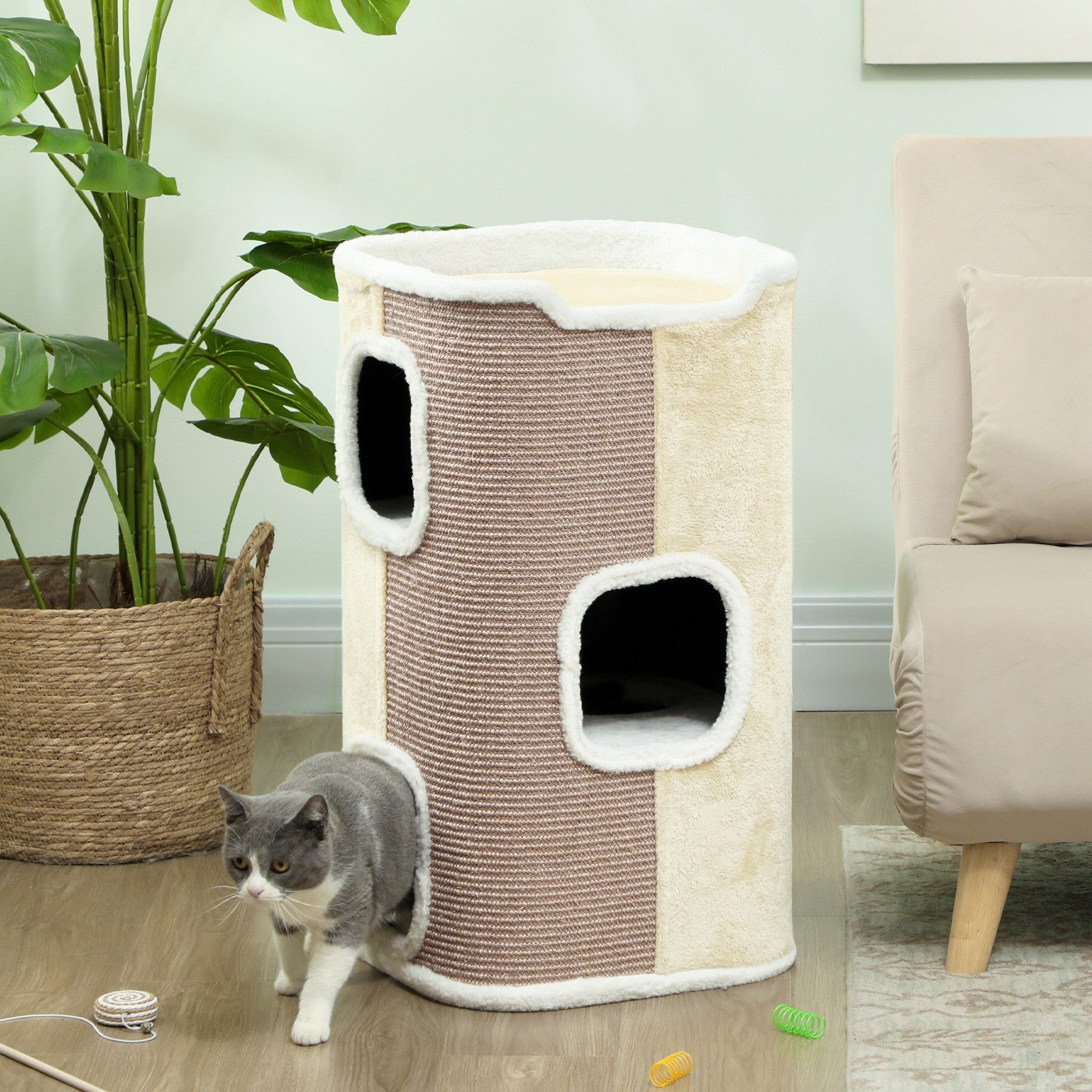 PawHut Kratztonne dreistöckige Katzentonne mit Kissen, Plüschrand und Katzenhöhle, (Katzenmöbel, 1-tlg., Kletterbaum), Beige+Weiß, 40 x 40 x 74 cm