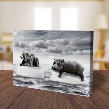 wandmotiv24 Leinwandbild Bär & Nilpferd auf Eis, Meer, Klima, Tiere (1 St), Wandbild, Wanddeko, Leinwandbilder in versch. Größen