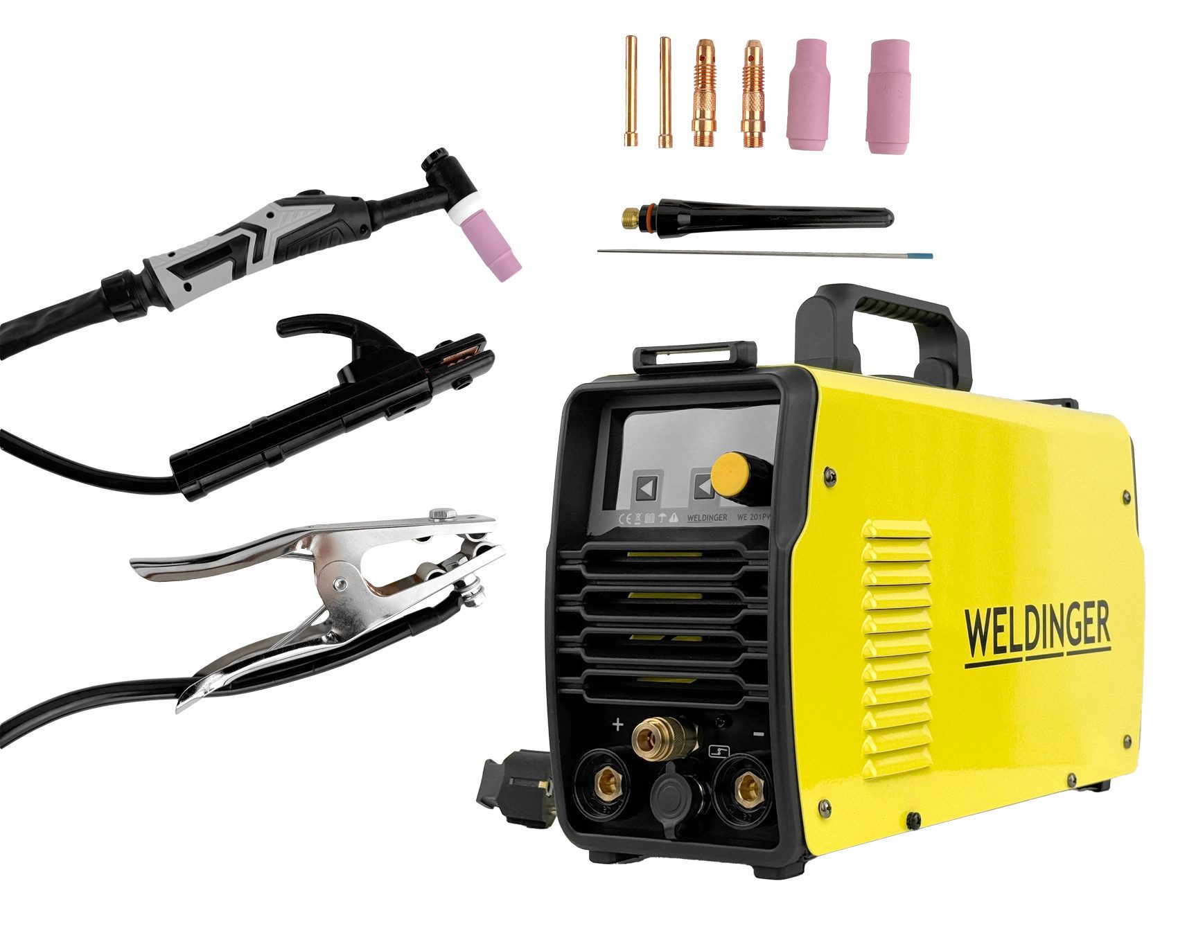 WELDINGER Inverterschweißgerät WE 201PW plus DC WIG-Schweißgerät HF Lift Puls 2T/4T MMA 200 A, VRD