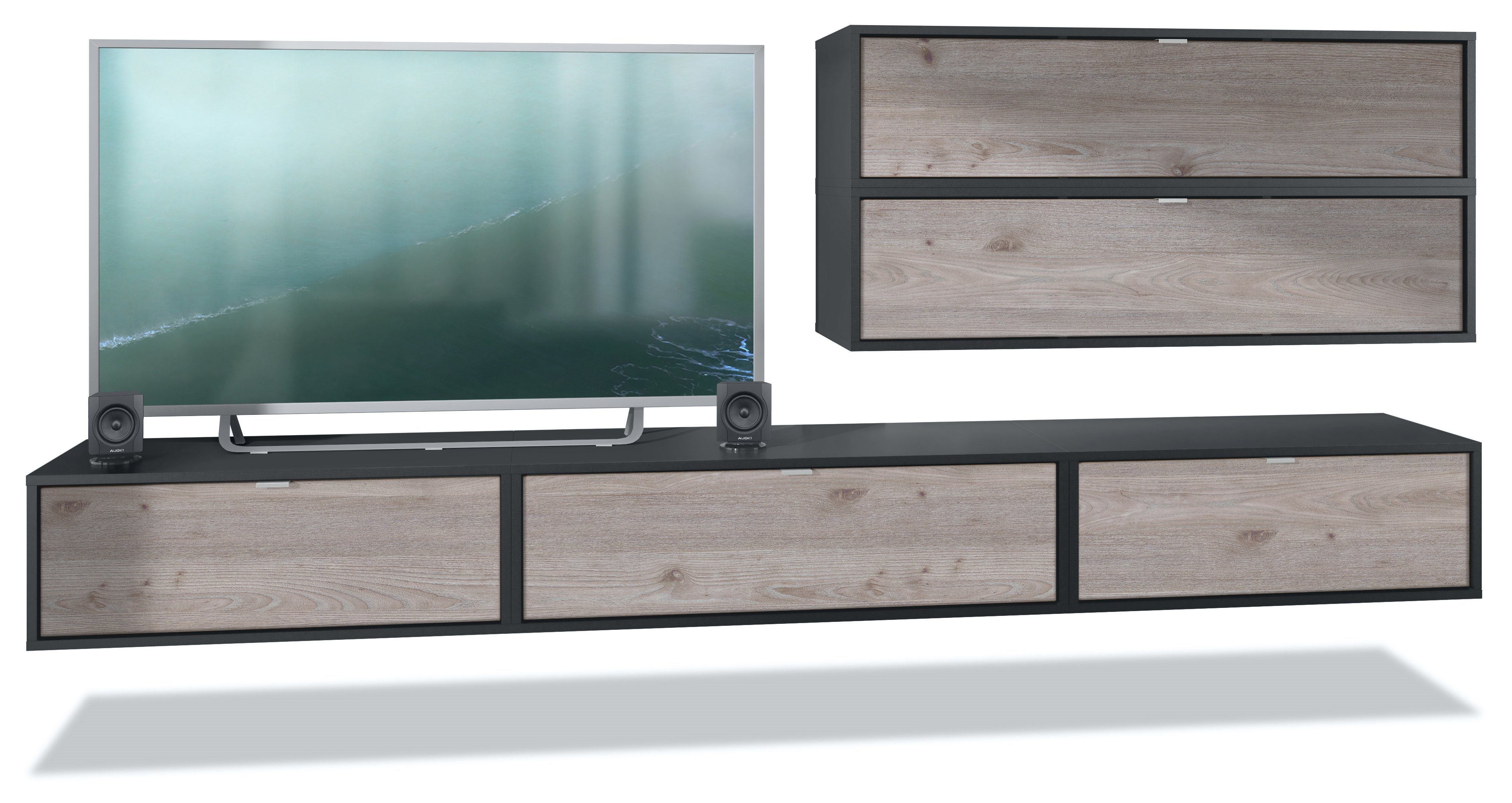 Vladon Wohnwand Lana V2, (Anbauwand, bestehend aus 5 Hängeelementen mit 12 Fächern), Schwarz matt/Eiche Nordic (260 x 150 x 37 cm)