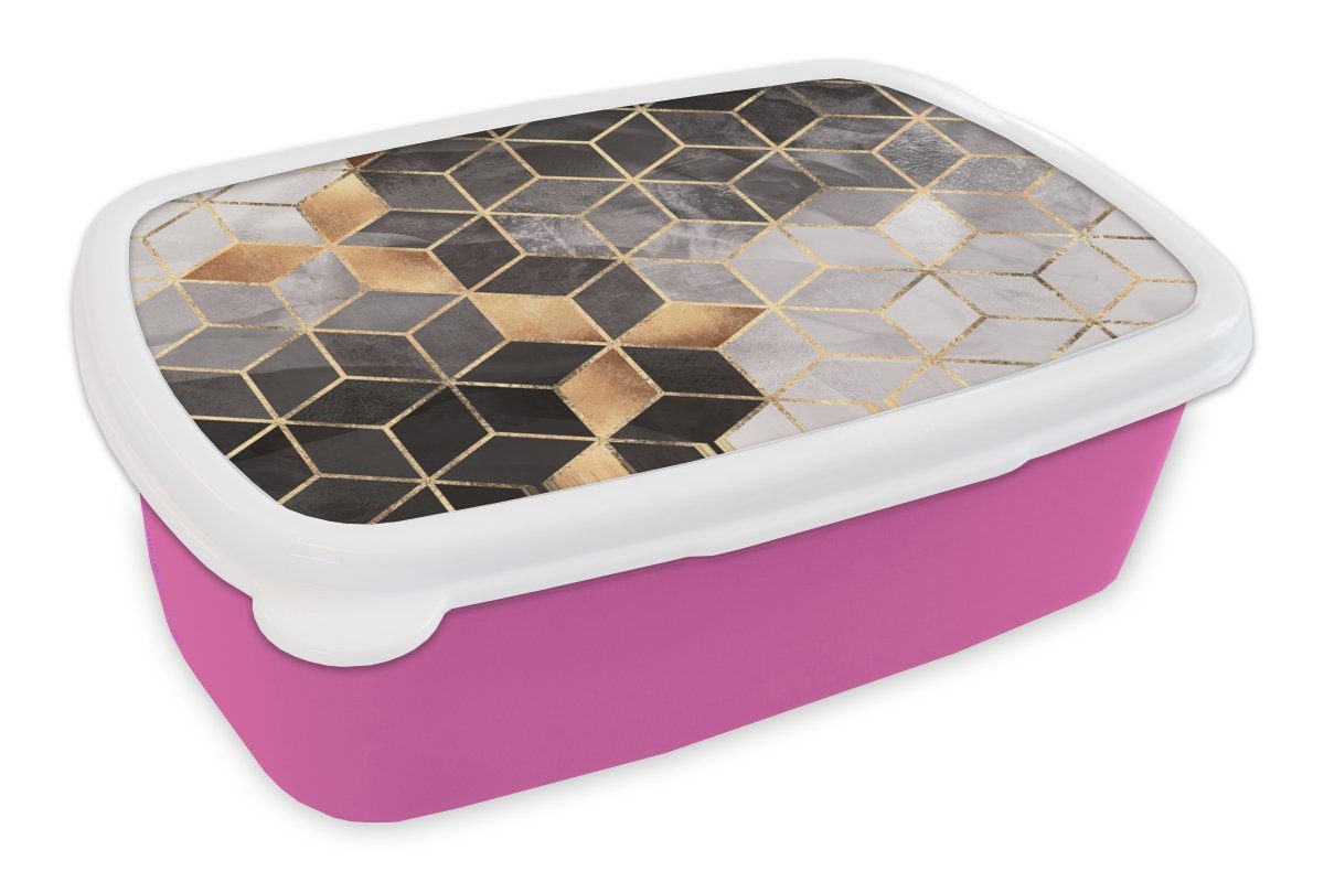 MuchoWow Lunchbox Abstrakt - Würfel - Gold - Muster - Schwarz - Weiß, Kunststoff, (2-tlg), Brotbox für Erwachsene, Brotdose Kinder, Snackbox, Mädchen, Kunststoff rosa
