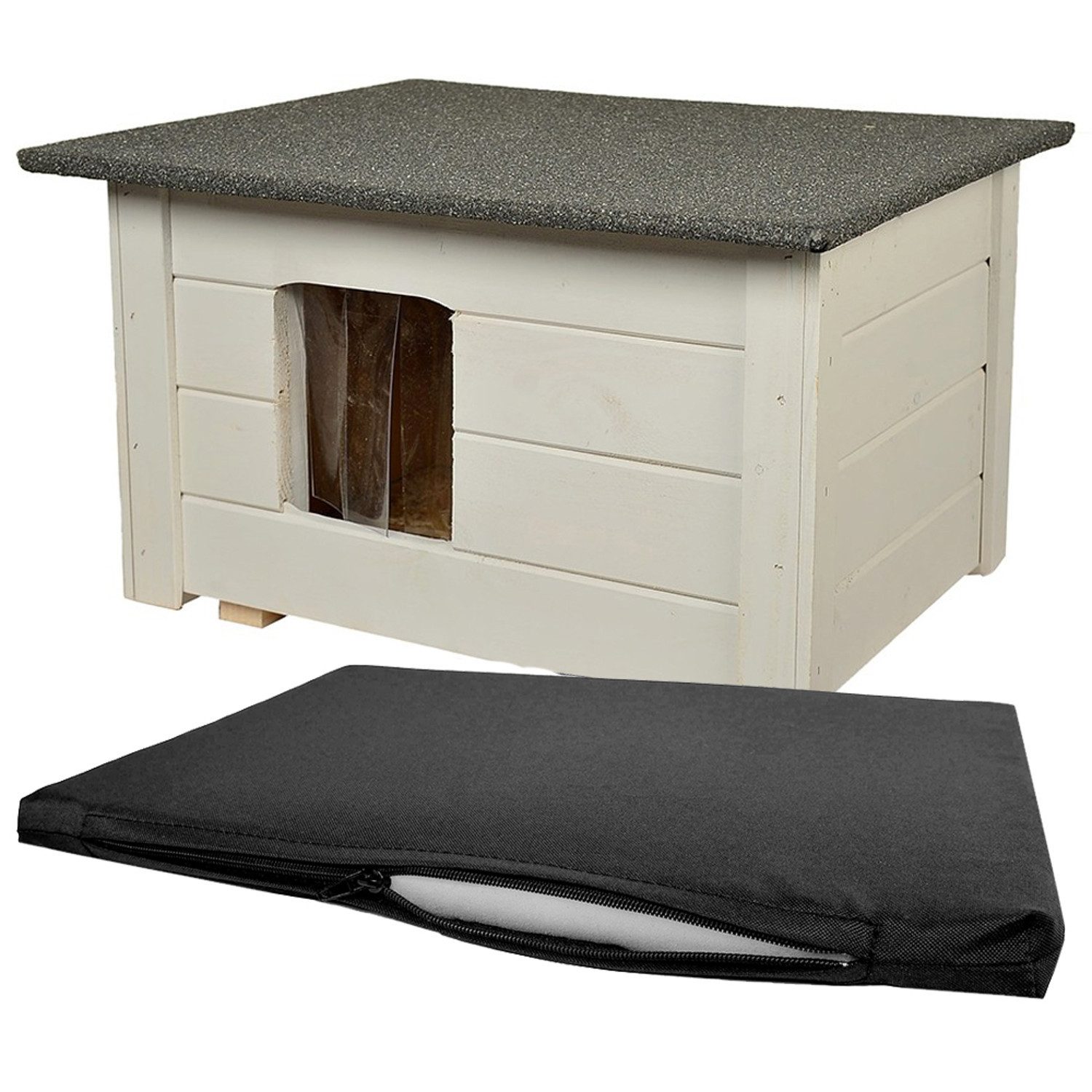 WOODOK Hundehütte Isolierte Hundehütte aus hellem Eschenholz + Hundebett, Tiefe: 49 cm - Breite: 59 cm - Höhe: 34 cm