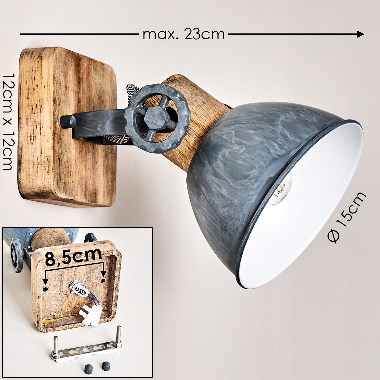 hofstein Wandleuchte »Cotes« Wandspot im Retro/Vintage Design, ohne Leuchtmittel, verstellbare Wandlampe aus Metall/Holz in Grau/Weiß/Braun, 1xE27