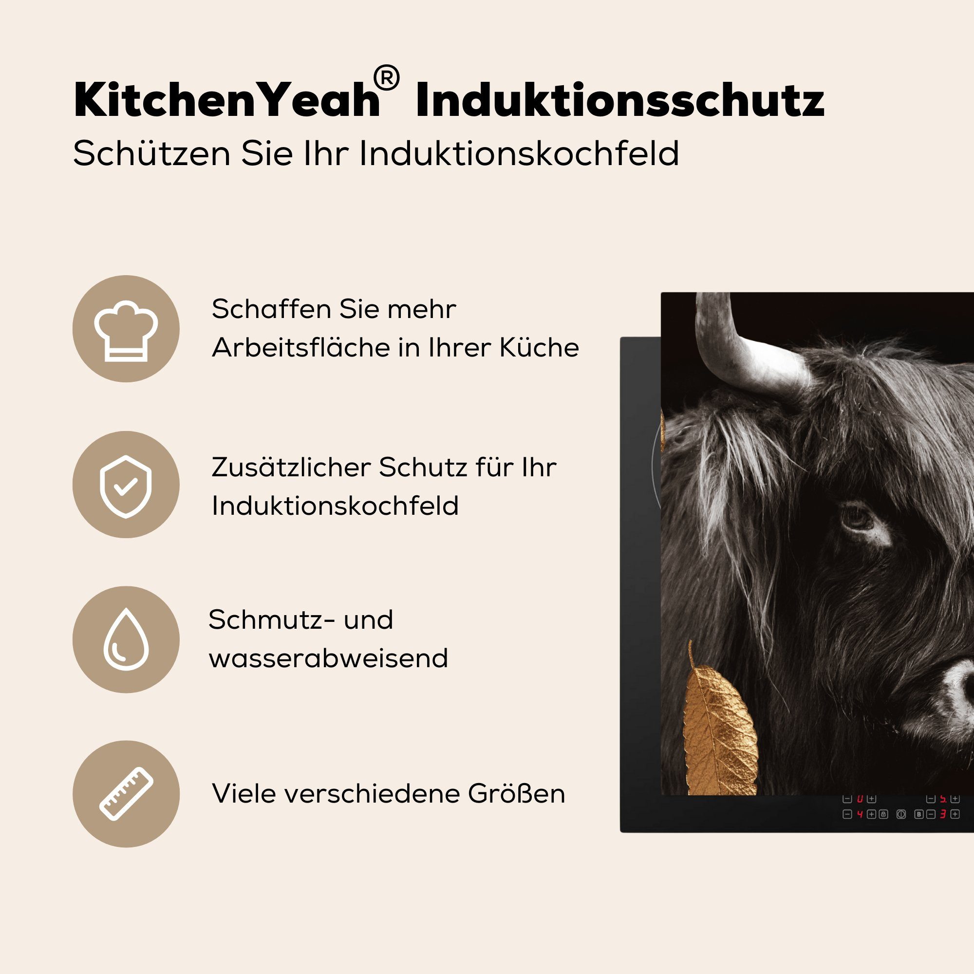 tlg), Highlander Ceranfeldabdeckung Herdblende-/Abdeckplatte Blätter, Vinyl, Gold Induktionsmatte MuchoWow küche, cm, für die - Schottischer - 59x52 (1