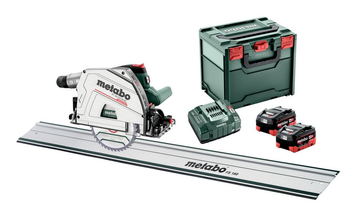metabo Akku-Tauchsäge KT 18 LTX 66 BL, Set Tauchkreissäge 2 x 8 Ah LiHD mit Führungsschiene FS 160 in metaBOX
