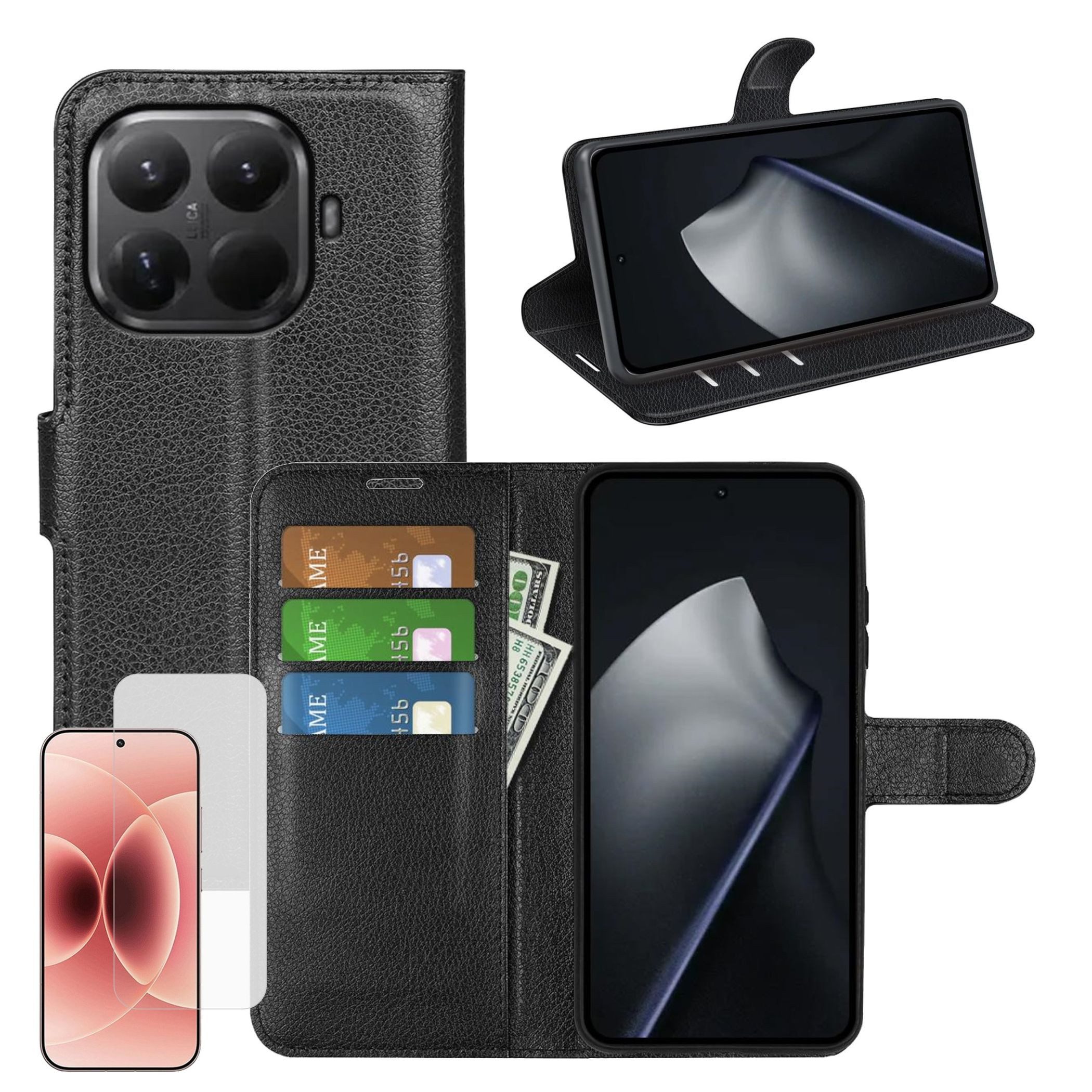 Wigento Handyhülle Klapphülle + 9H Schutzglas für Xiaomi 17T Pro Book Wallet Case Set 6,83 Zoll, Produktset Kunstleder Tasche + H9 Hart Glas
