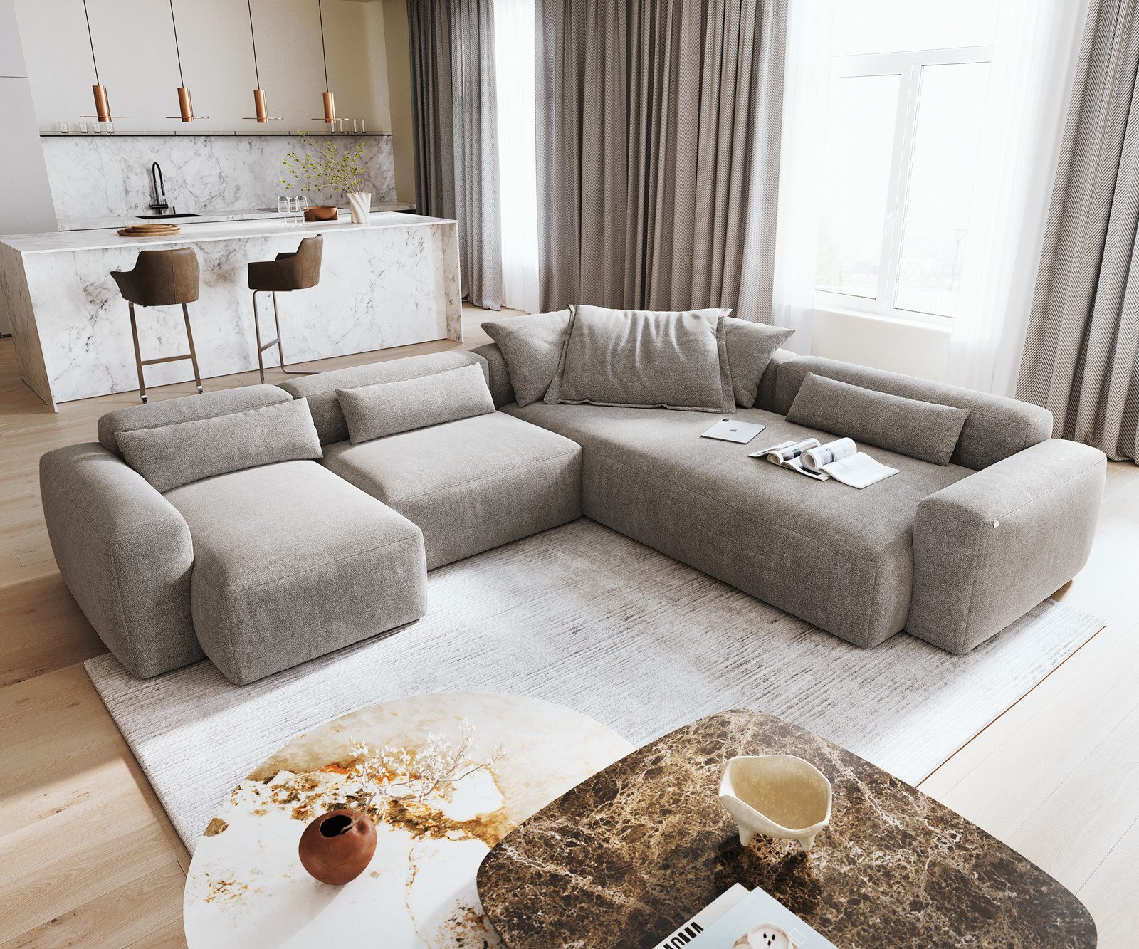 DELIFE Sofa Freestyle, Pure Strukturstoff Soft Grau 360x290 cm