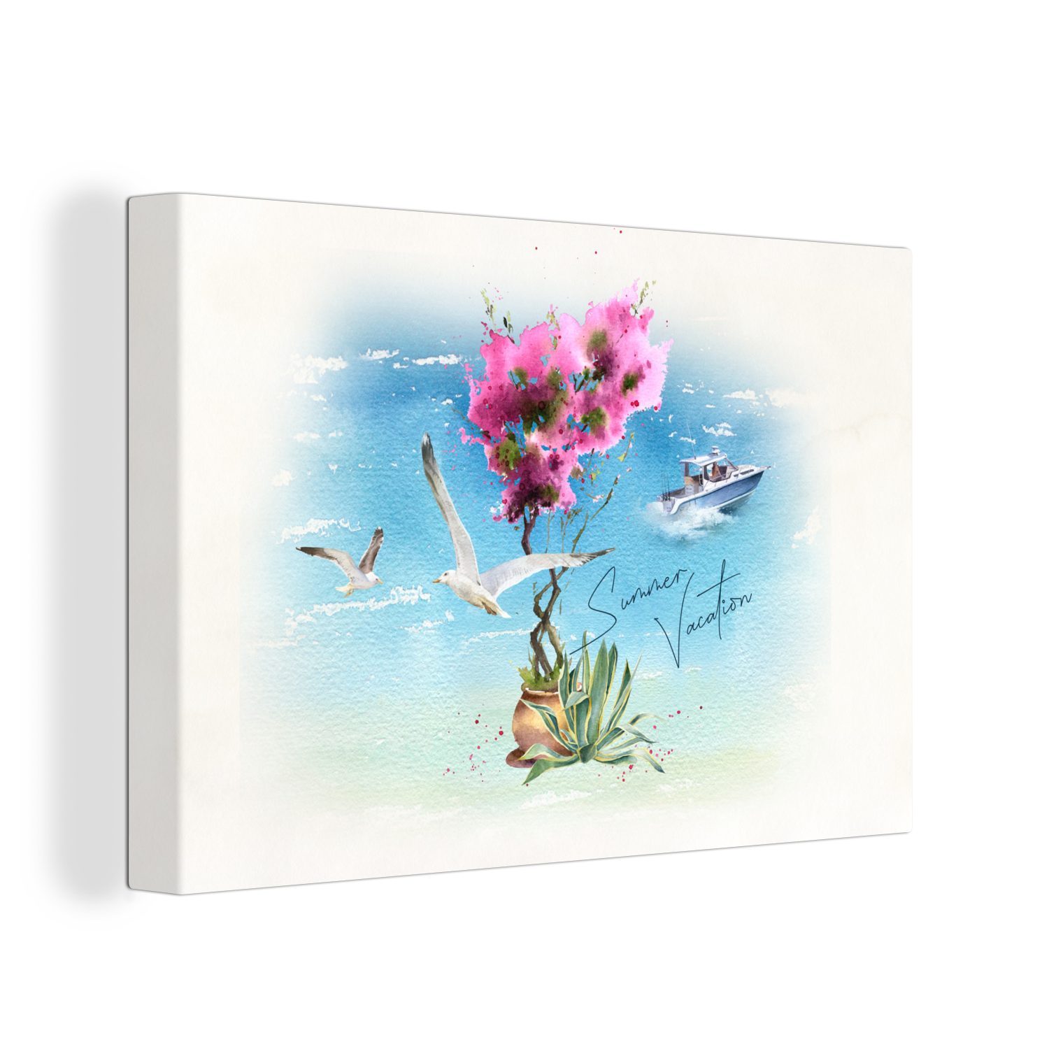 OneMillionCanvasses® Leinwandbild Blume - Boot - Aquarell, (1 St), Wandbild Leinwandbilder, Aufhängefertig, Wanddeko, 30x20 cm