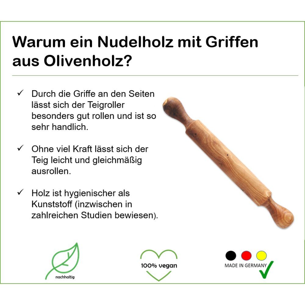 Olivenholz-erleben Teigroller Teigroller KLASSIK (ca. 42 cm) mit Griffen aus Olivenholz Olvienholz, (1-tlg), Ein hochwertiger Alltagsbegleiter – praktisch, schö – Bild 4 von 5