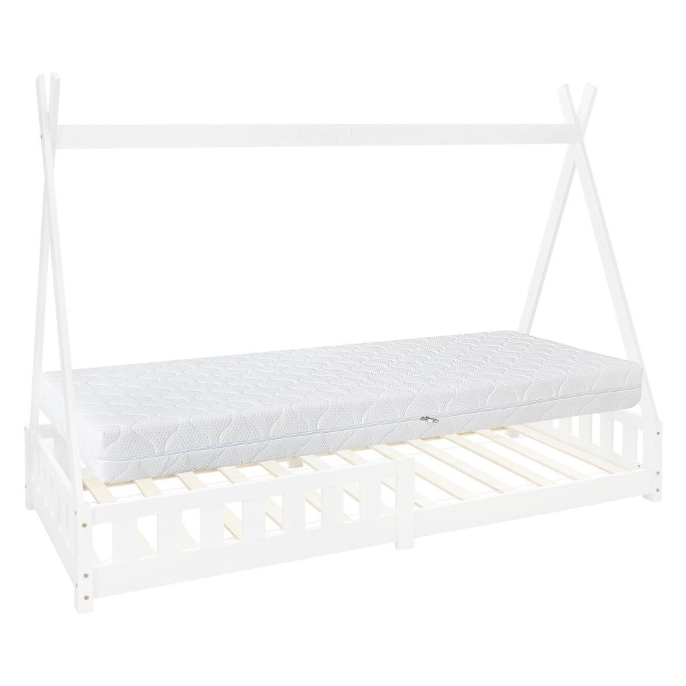 ML-DESIGN Spielbett Hausbett Tipi Zeltbett inkl. Lattenrost Bodenbett Kinder Himmelbett, Abenteuerbett mit Rausfallschutz Zelt Bett Kiefer Weiß Kinderhaus